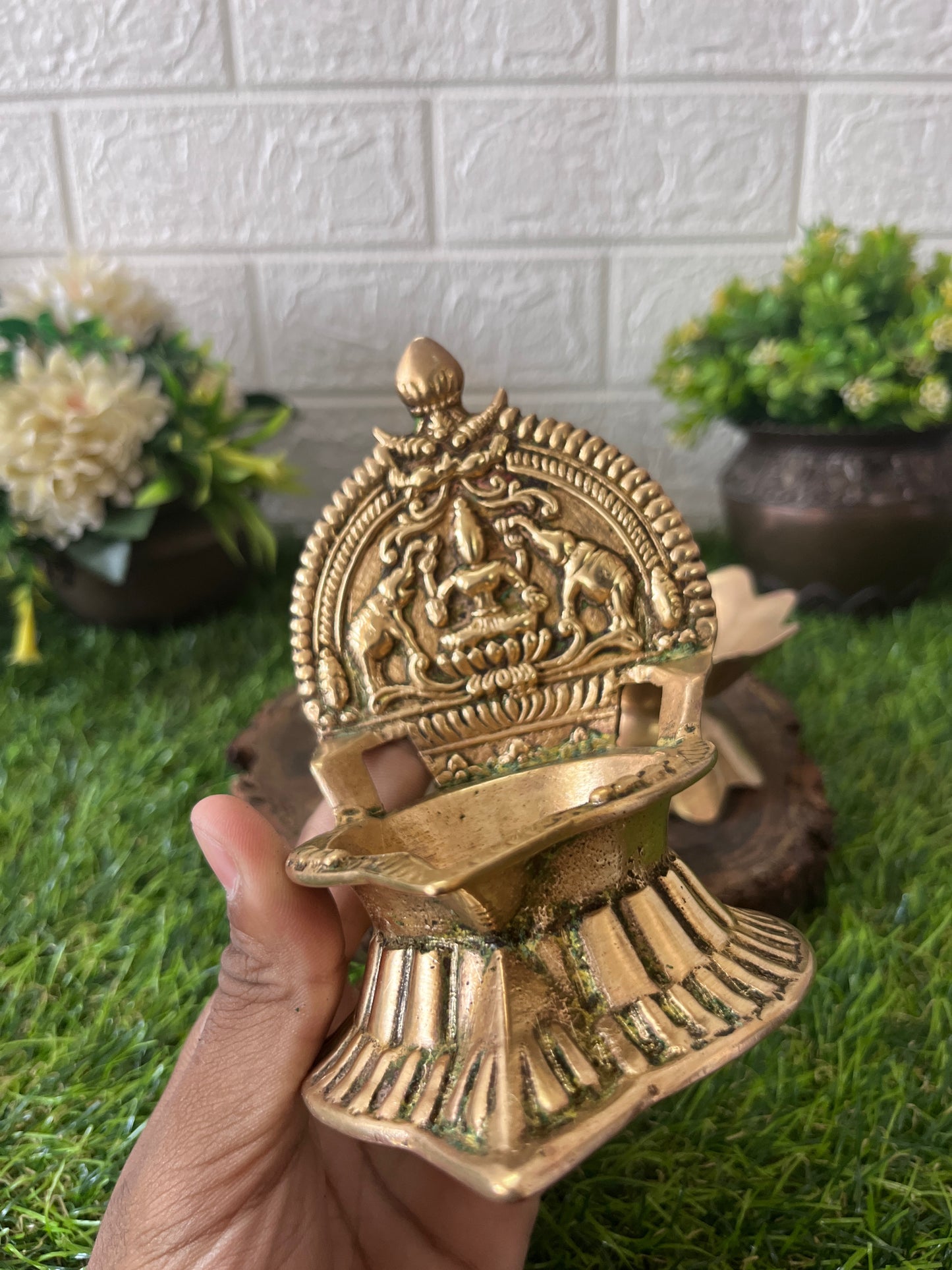 Brass Diya In Pair - Antique Engraved Oil Lamp