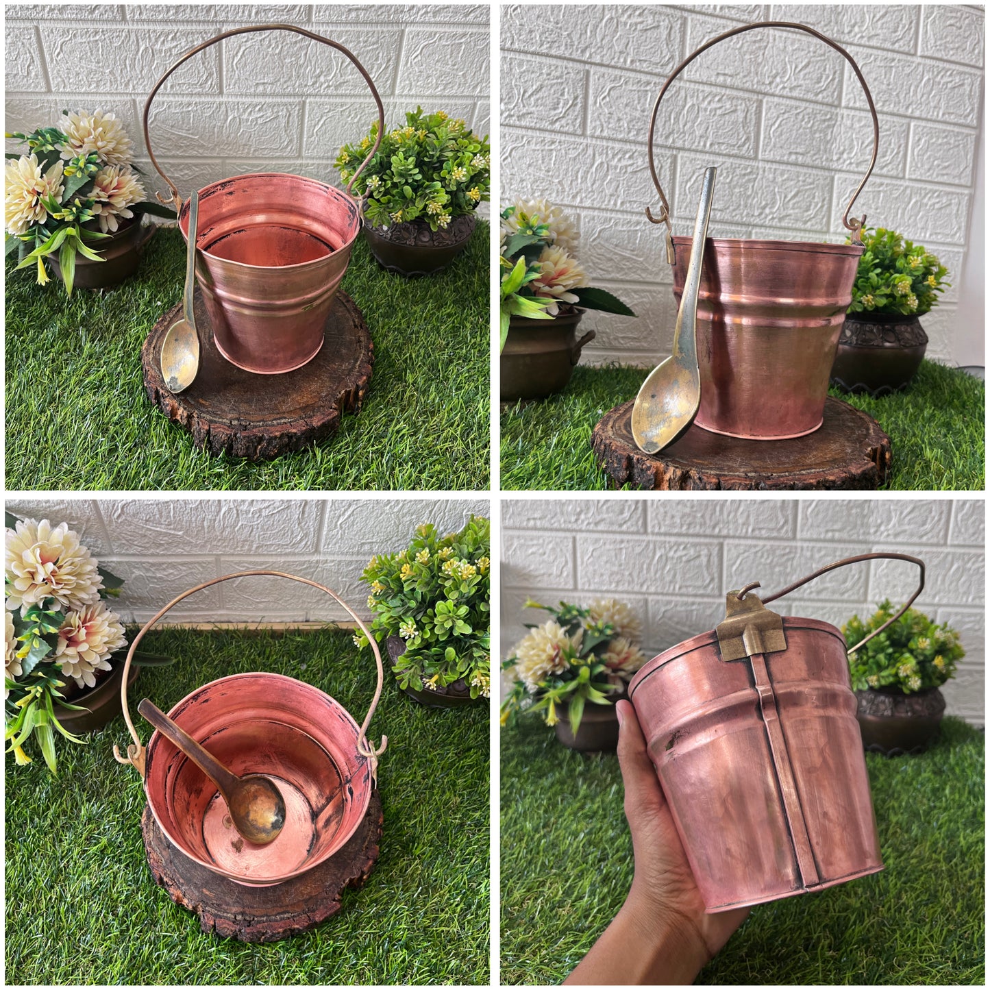 Cooper Bucket With Brass Spoon - Antique Serving Item