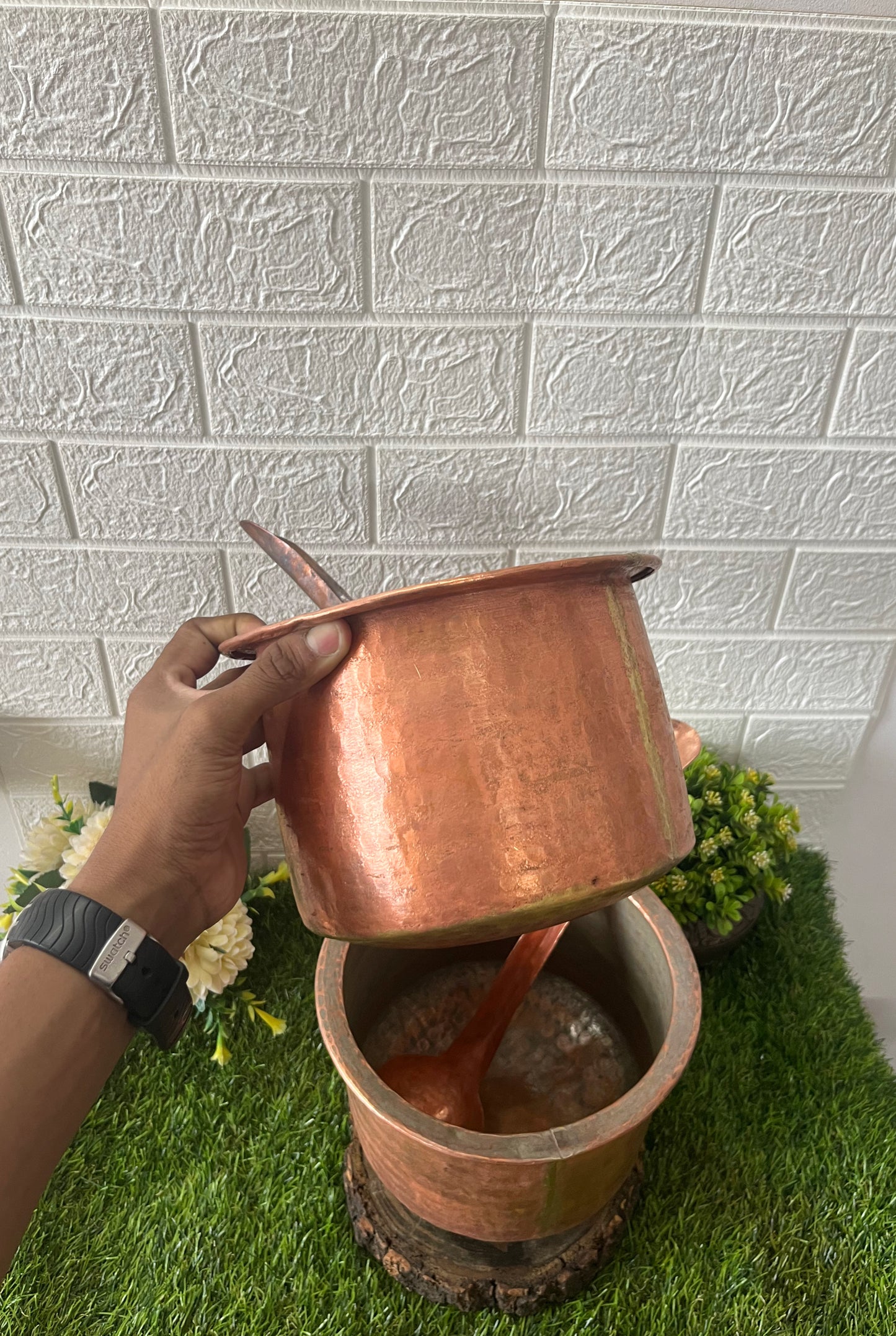 Antique Copper Cooking Bowls With Ladle Pair