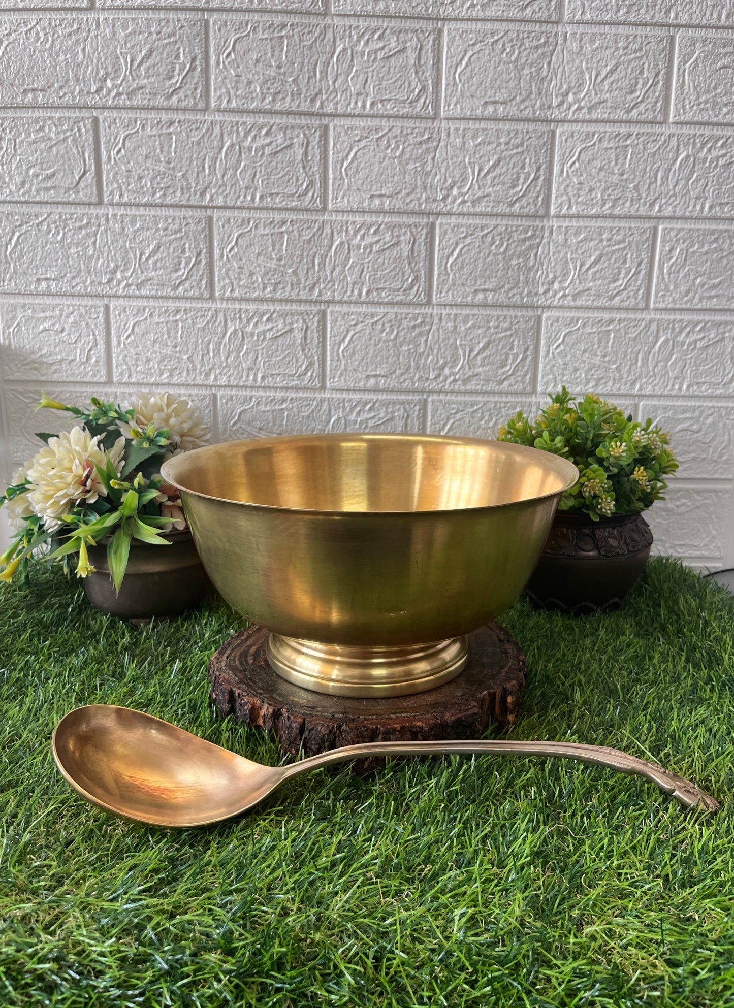 Big Brass Serving Bowl With Ladle - Antique Serving Item