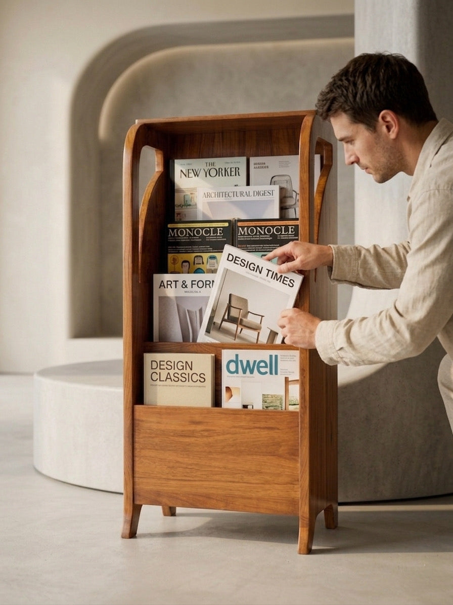1990 Antique Teakwood Magazine Stand | Vertical Storage Display Rack - Bombay Antiques