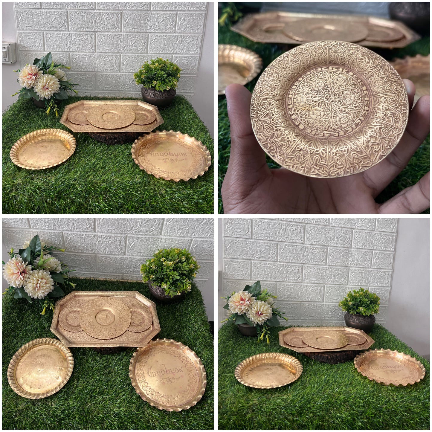 Brass Trays - Antique Engraved Serving Trays In Set