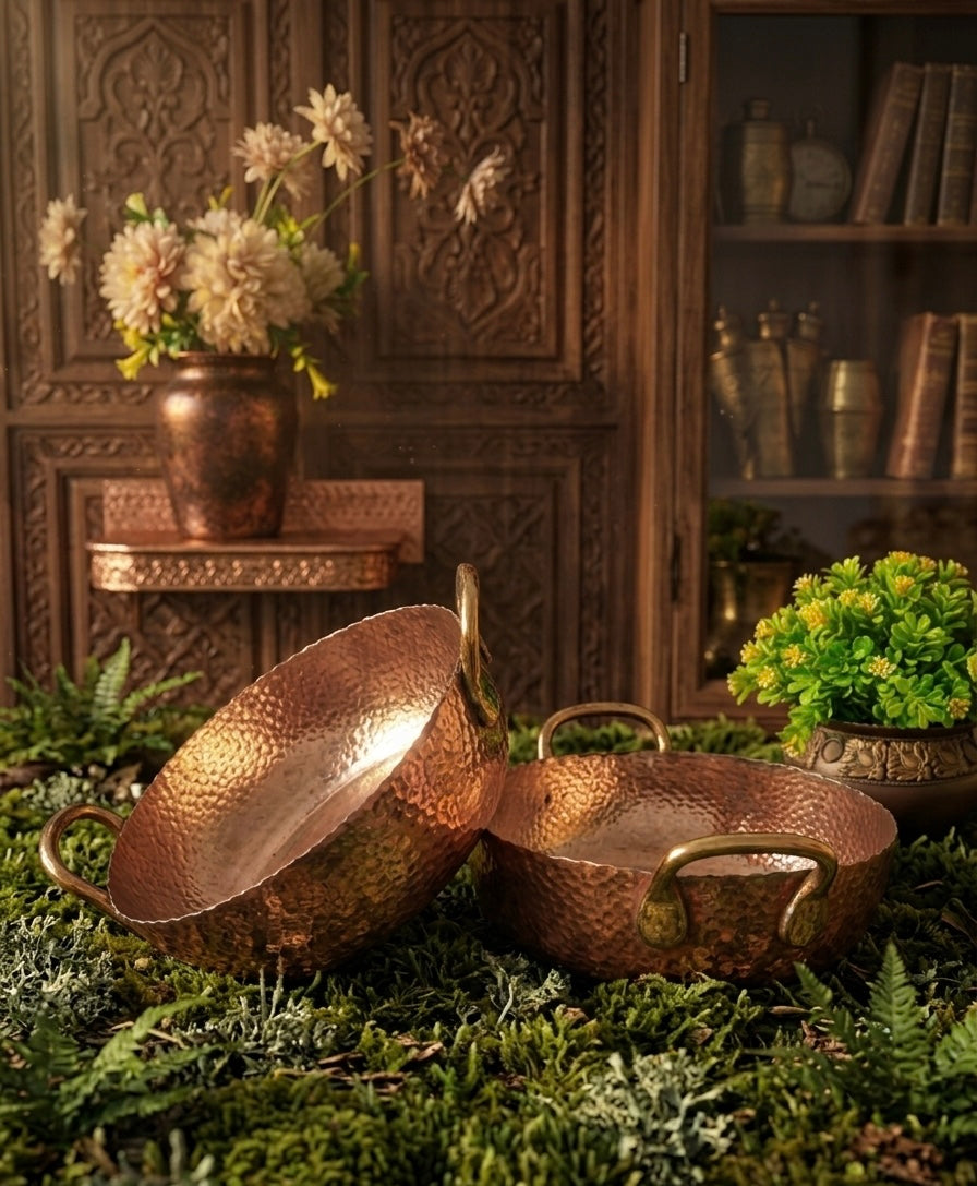 Vintage Hammered Copper Kadai in Pair | Tamba Cooking Items | Kitchen Utensil - Bombay Antiques
