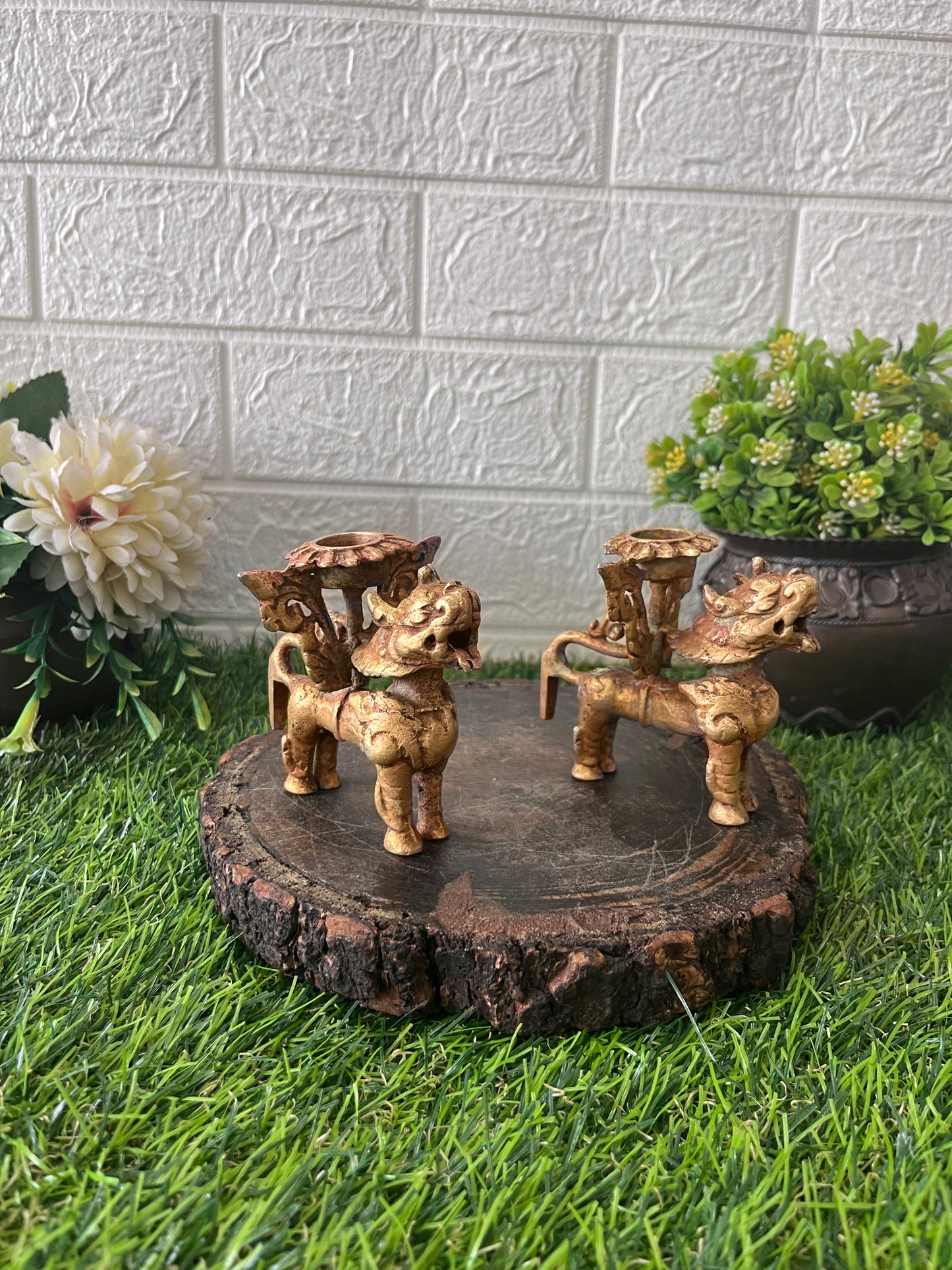 Brass Candle Holder In Pair  - Antique Mombatti Stand