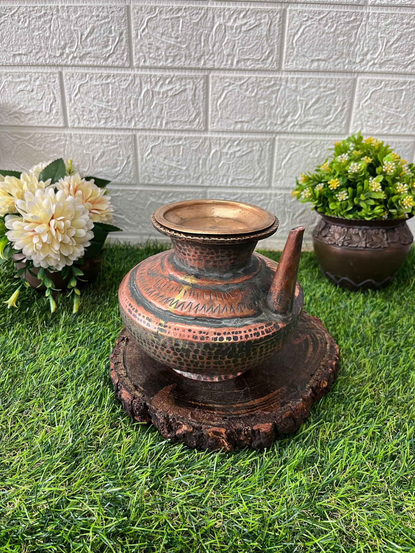 Copper Kamandalam - Antique Engraved Kalash With Lid