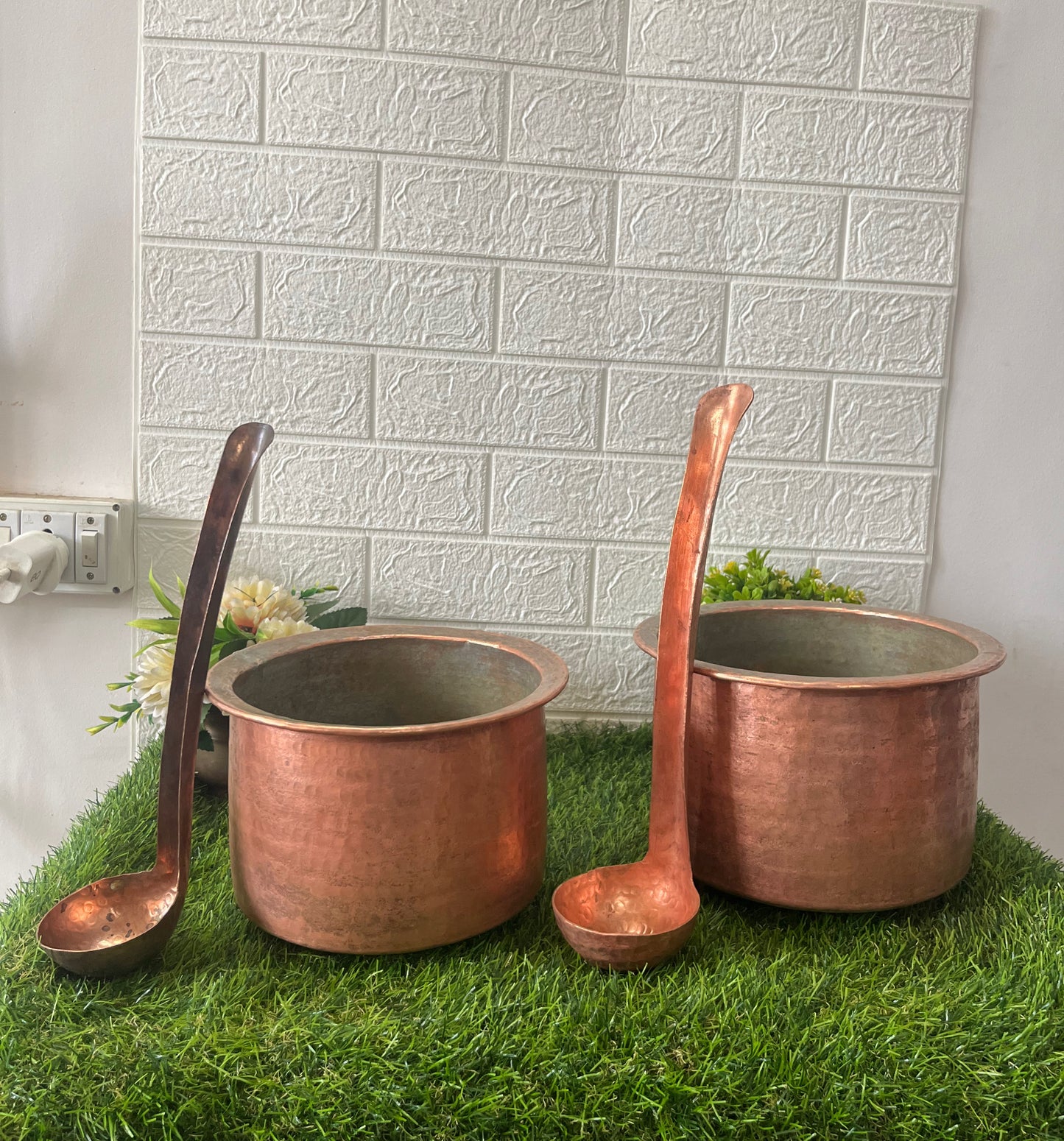 Antique Copper Cooking Bowls With Ladle Pair