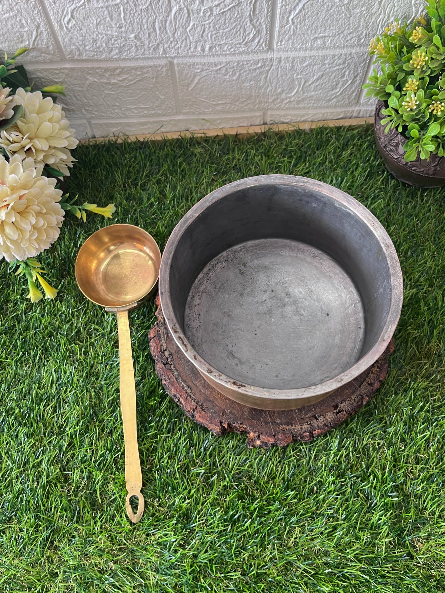 Brass Cooking Bowl & Ladle by Bombay Antiques - Antique Brass Patila