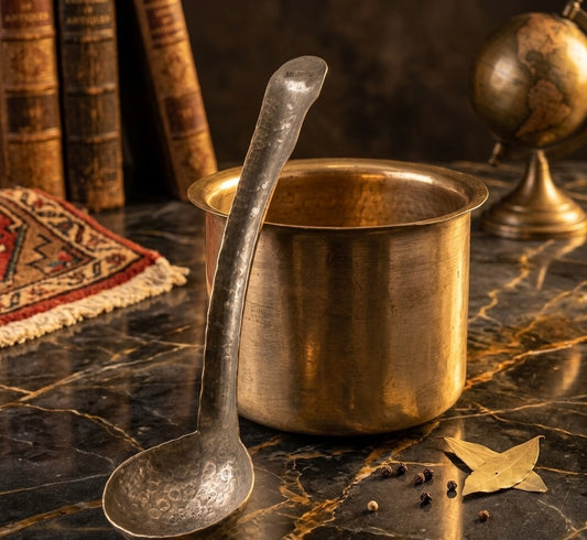 Antique Brass Cooking Bowl with Ladle | Traditional Pital Bhagona with Spatula