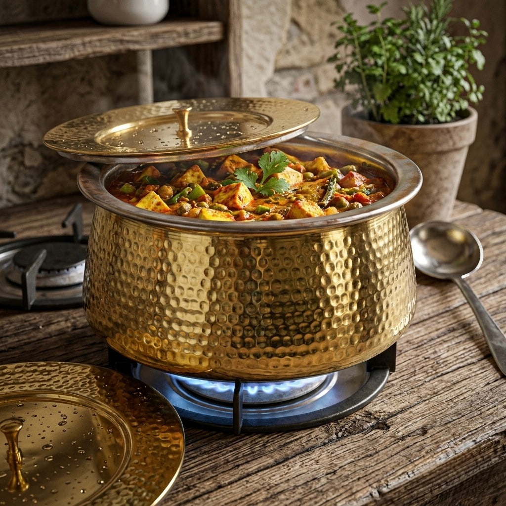 3.5L Brand New Brass Cooking Bowl with Lid | Traditional Kitchen & Dining Utensil - Bombay Antiques