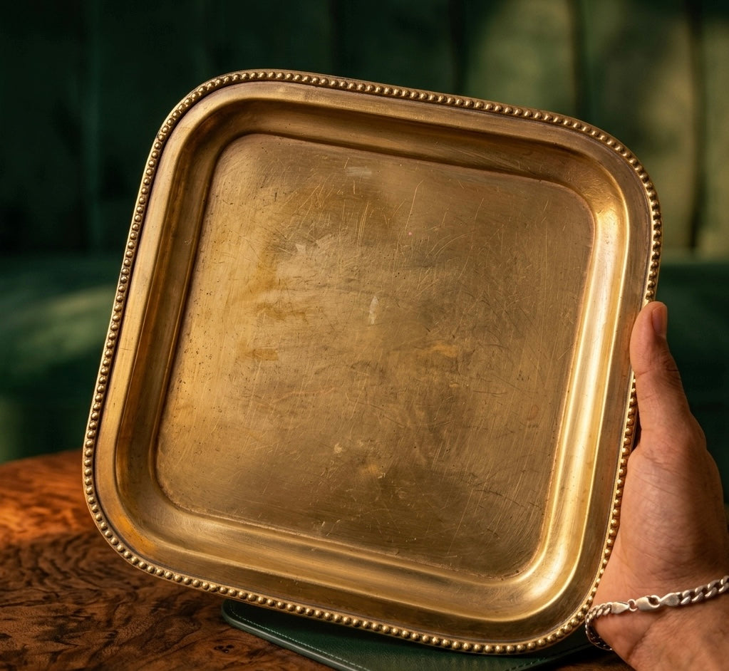 Antique Brass Tray | Pital Traditional Square Serving Plate - Bombay Antiques