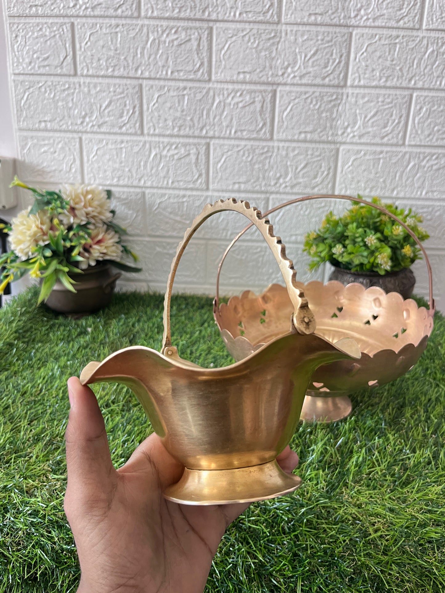 Brass Padi in Pair- Antique Flower Basket