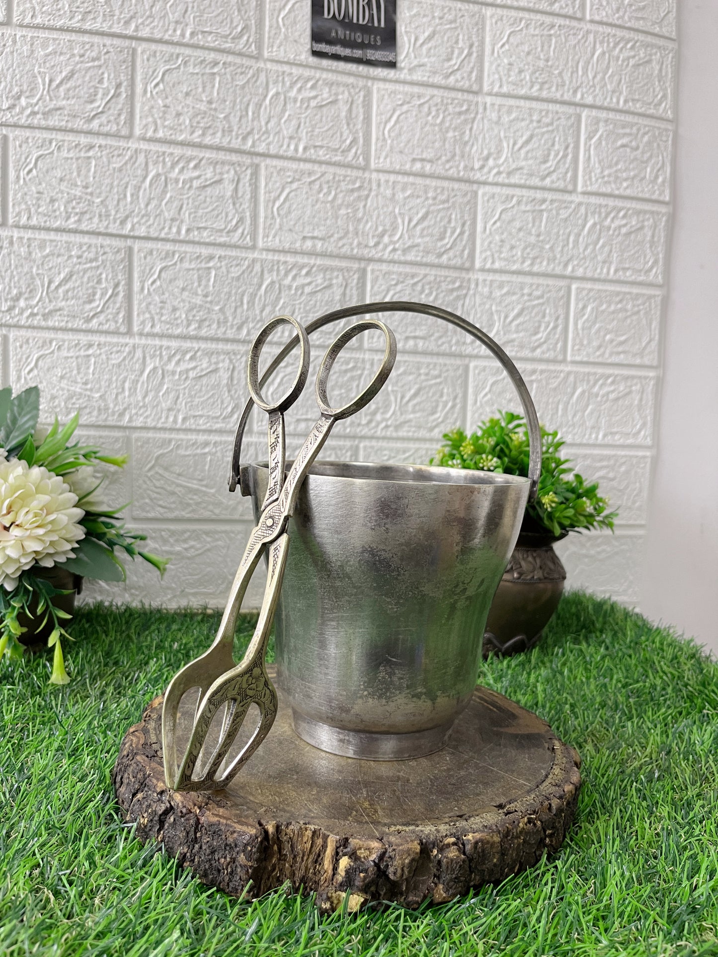 Brass Ice Bucket With Tong - Antique Silver Coated Ice Serving Set