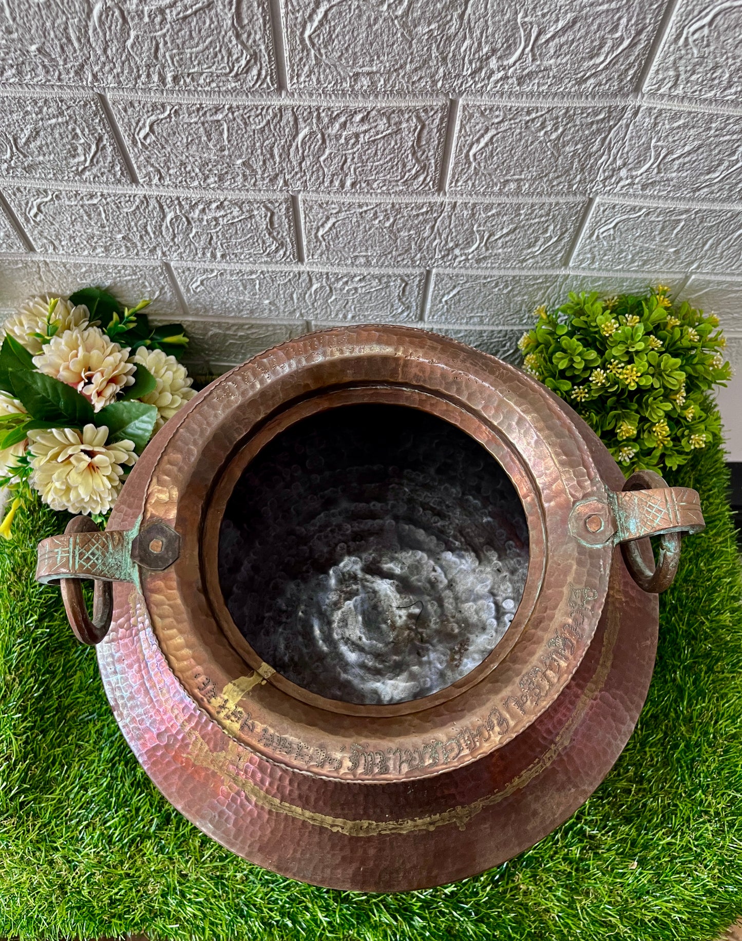 Antique Hammered Big Copper Pot with Solid Handles