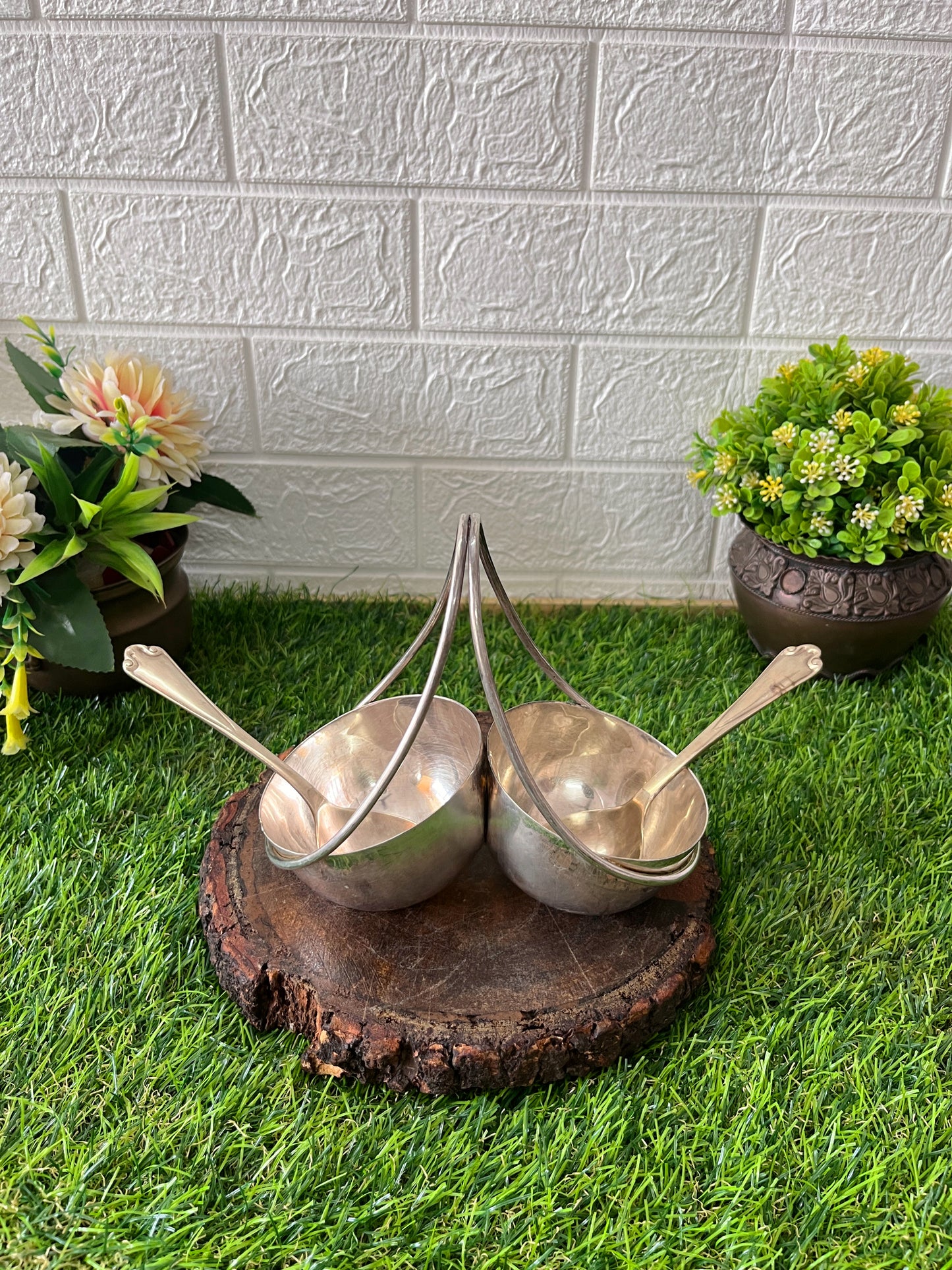 Brass Serving Bowl With Spoons - Antique Silver Coated Serving Items