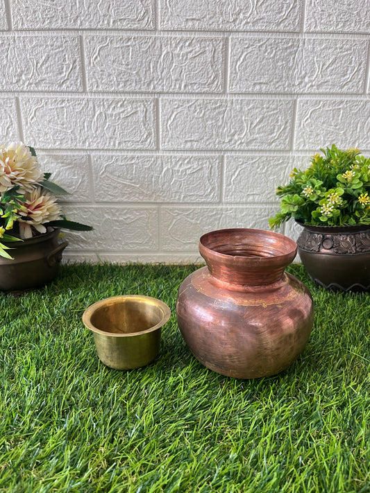 Copper Kalash With Glass - Antique Lota With Brass Pela