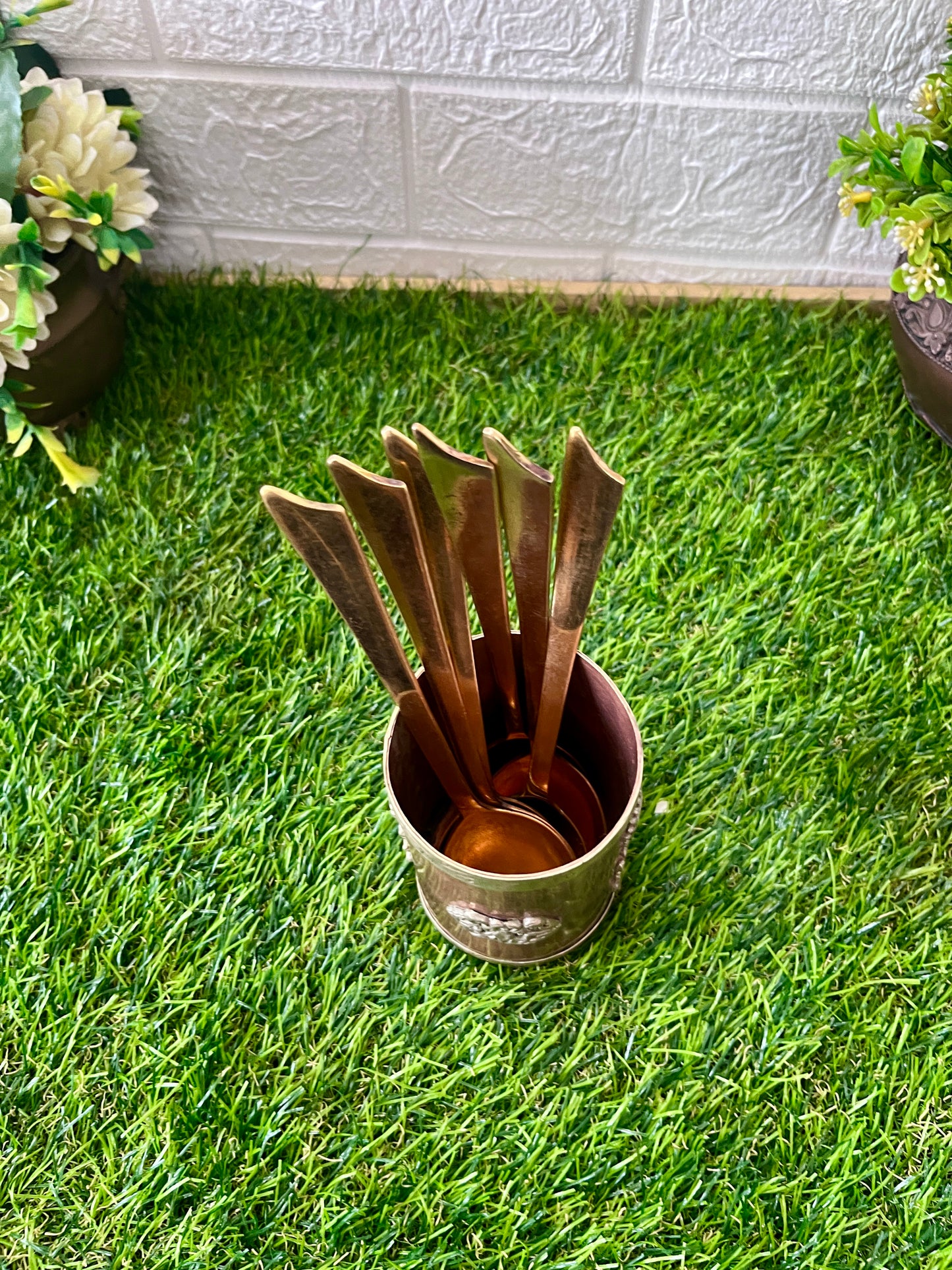 Antique Copper Spoon Holder With Brass Spoons