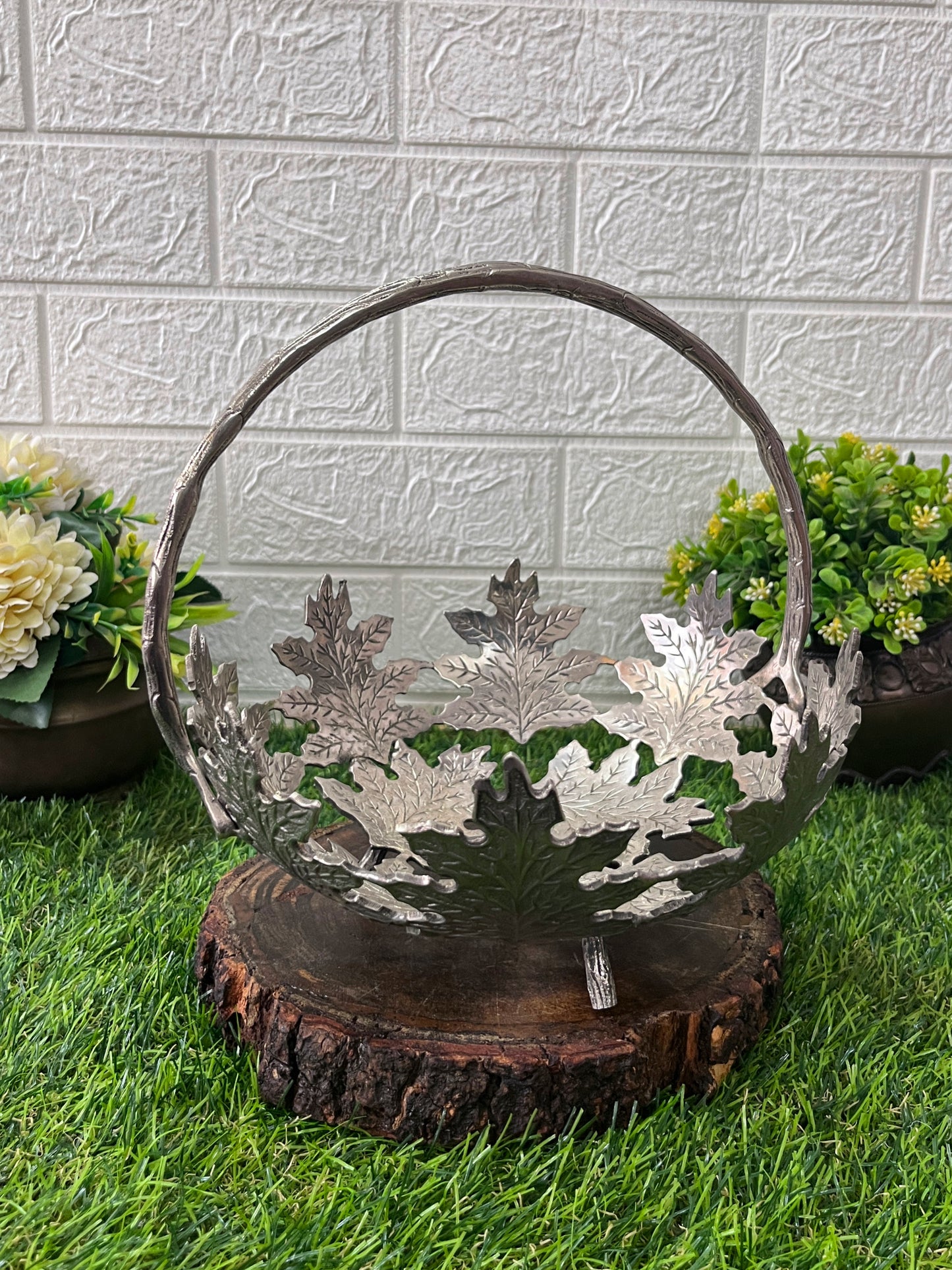 Brass Silver Coated Fruit Bowl - Antique Engraved Serving Item