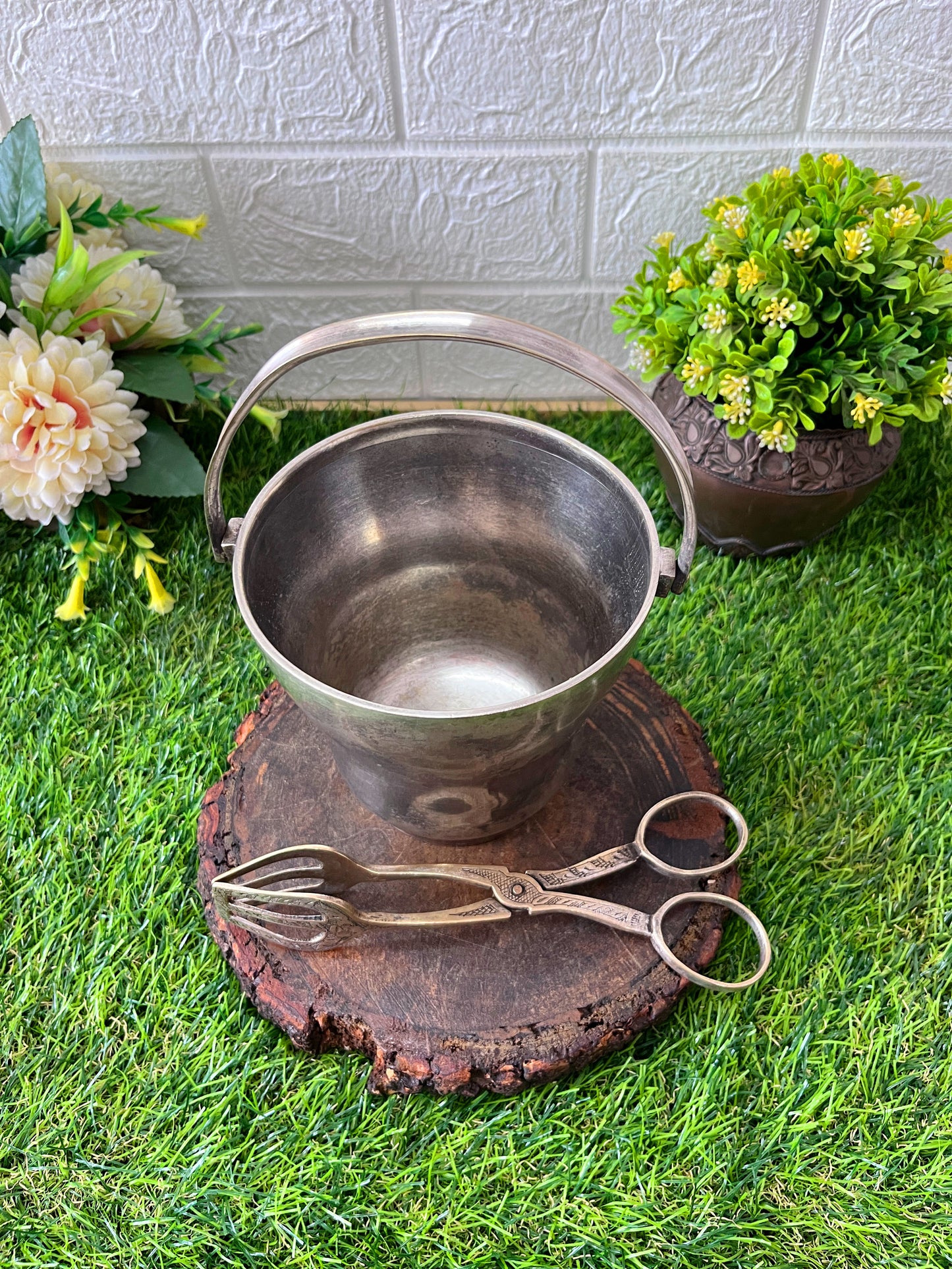 Brass Ice Bucket With Tong - Antique Silver Coated Ice Serving Set