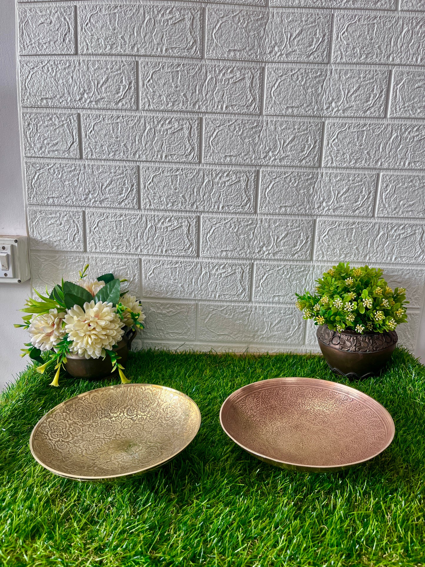 Brass Engraved Plates In Pair - Antique Thali