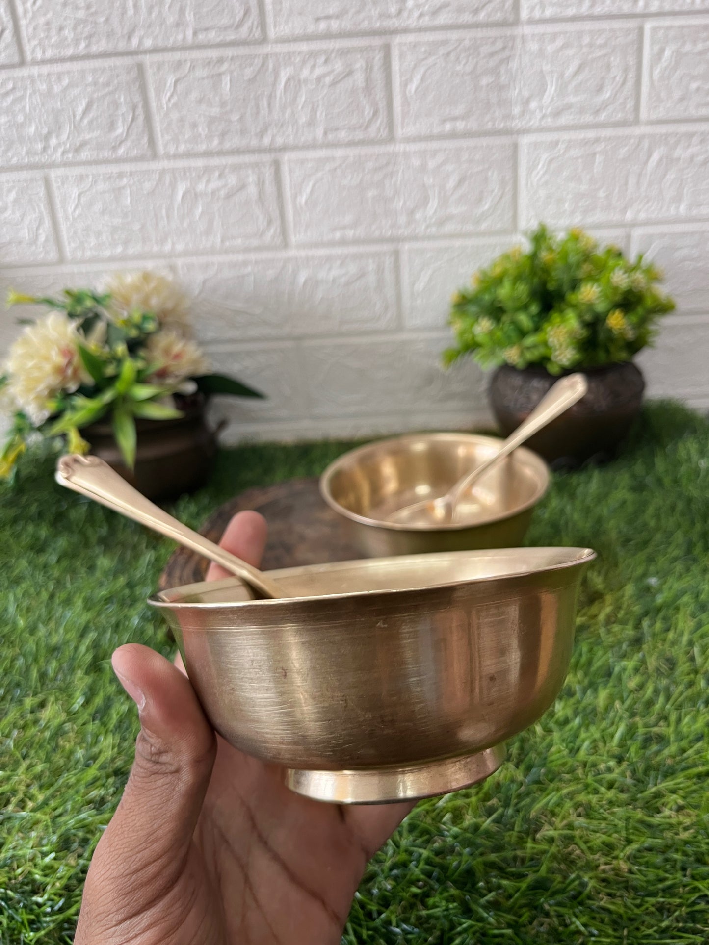 Bronze Serving Bowls With Spoon - Antique Serving Items In Pair