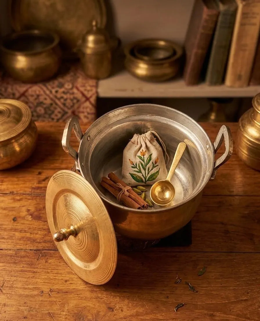 1.5L Brass Vintage Big Size Cha Patra | Shakuntala Vessel - Bombay Antiques Approved - Bombay Antiques