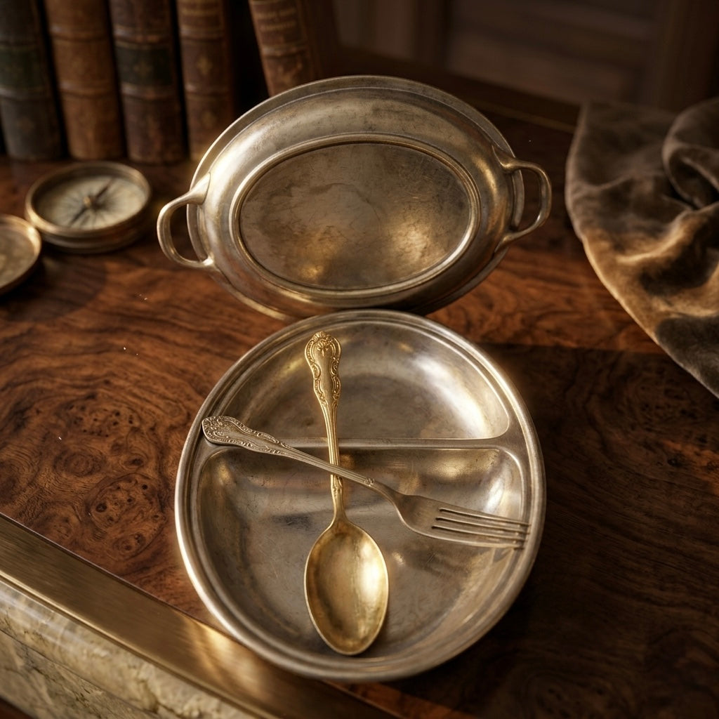 Antique Brass Silver Coated Dish with Lid & Spoons | Traditional Serveware & Decor Piece - Bombay Antiques