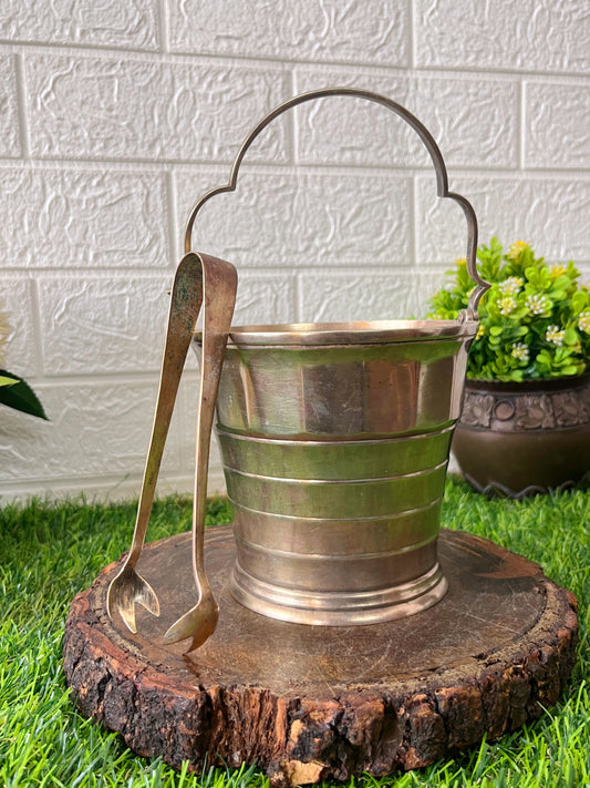 Brass Silver Coated Ice Bucket With Tong - Antique Serving Item