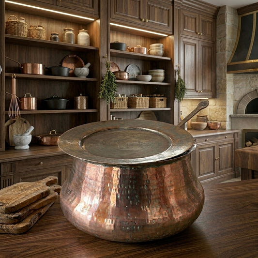 Antique Copper Deg with Lid & Ladle | Traditional Cooking Pot Set - Bombay Antiques