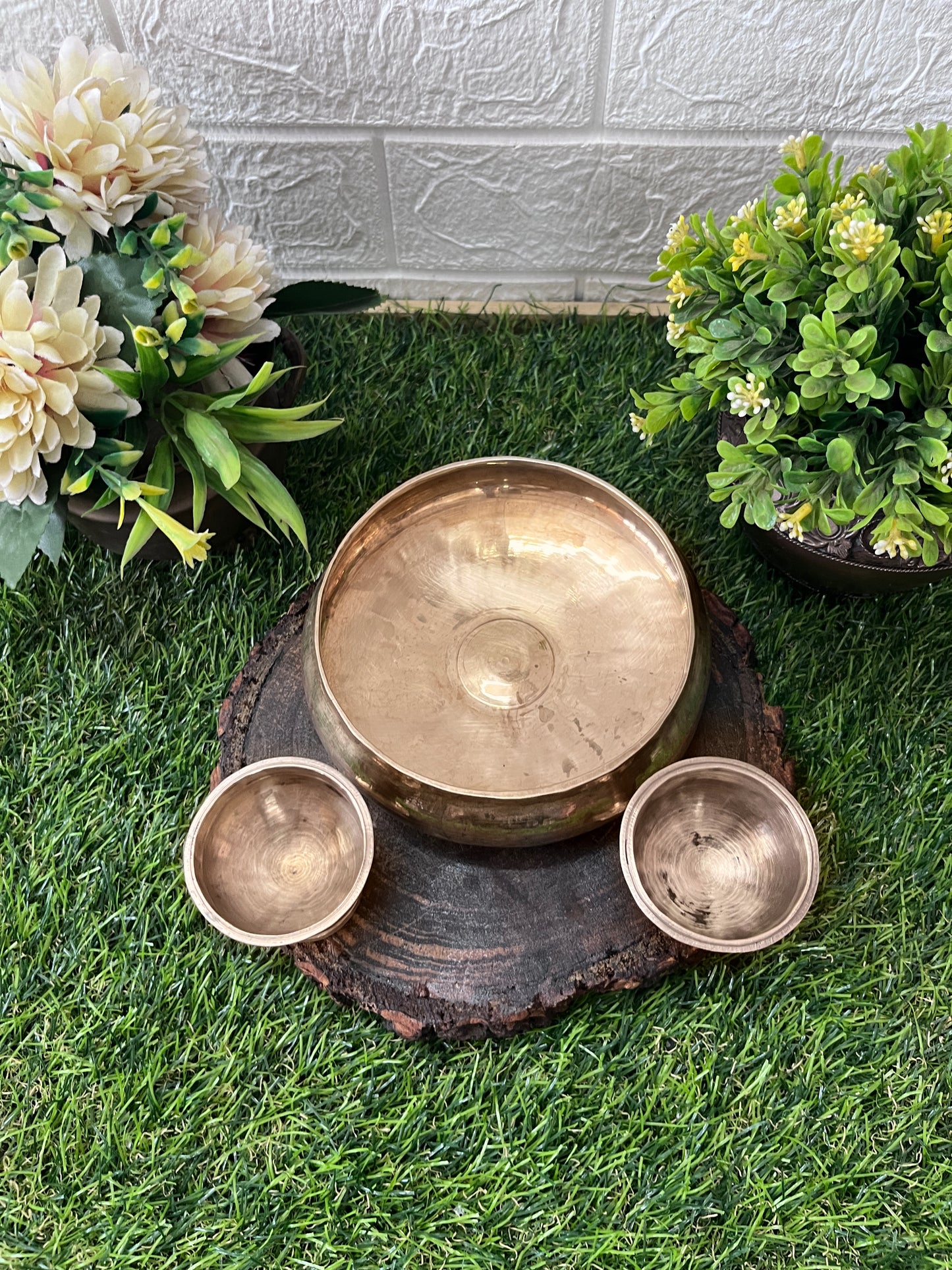 Bronze Urli With Diya Pair - Antique Kaansa Bowl With Oil Lamp