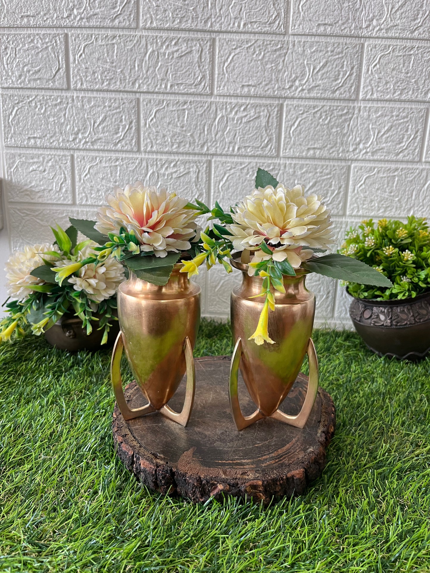 Brass Flower Vase In Pair - Antique Decor Item