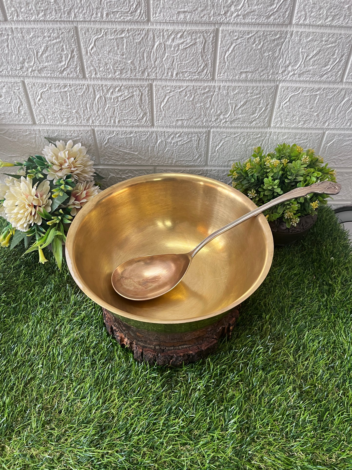 Big Brass Serving Bowl With Ladle - Antique Serving Item