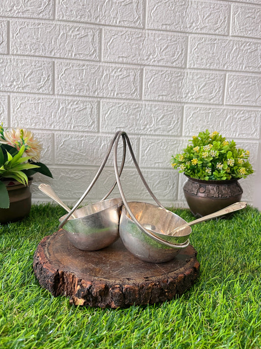 Brass Serving Bowl With Spoons - Antique Silver Coated Serving Items