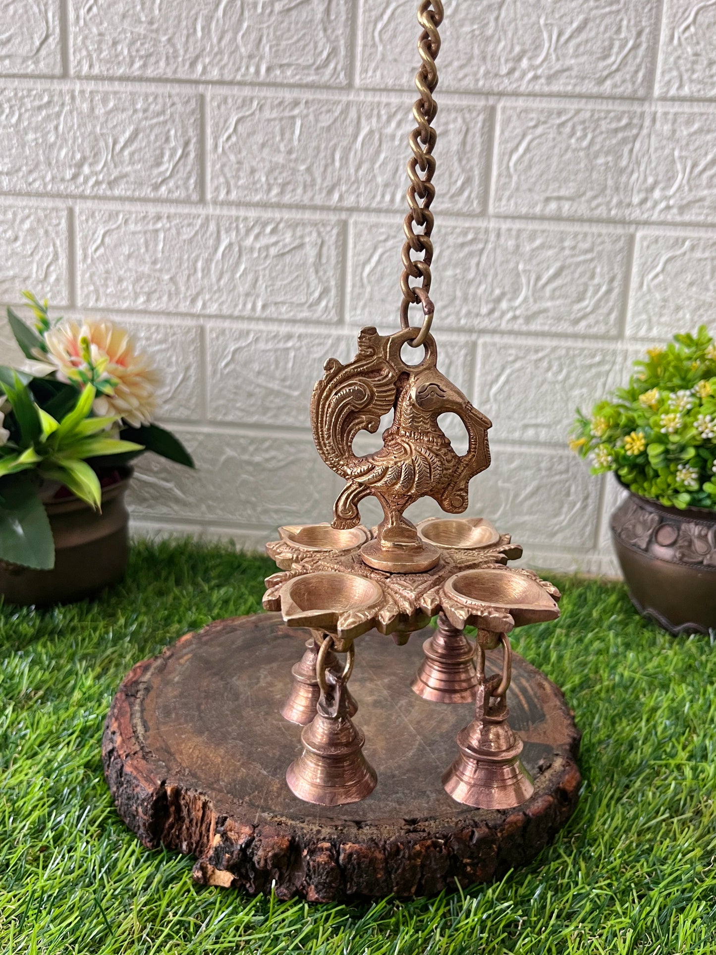 Brass Peacock Hanging Diya With Bells - Antique Oil Lamp