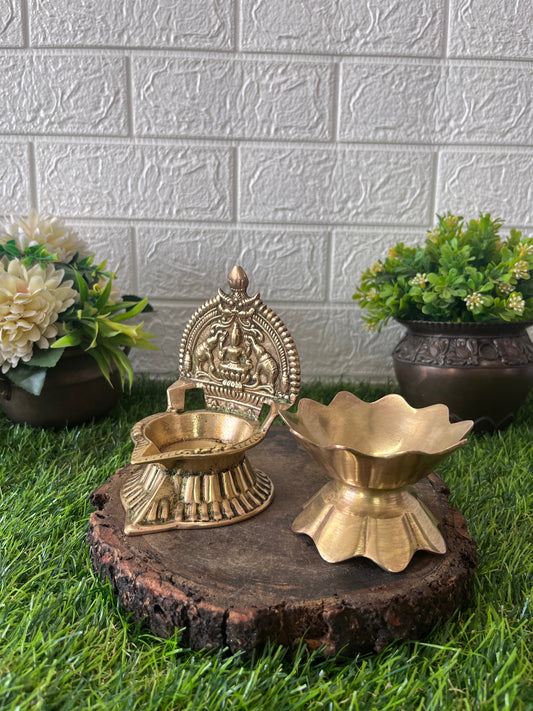 Brass Diya In Pair - Antique Engraved Oil Lamp