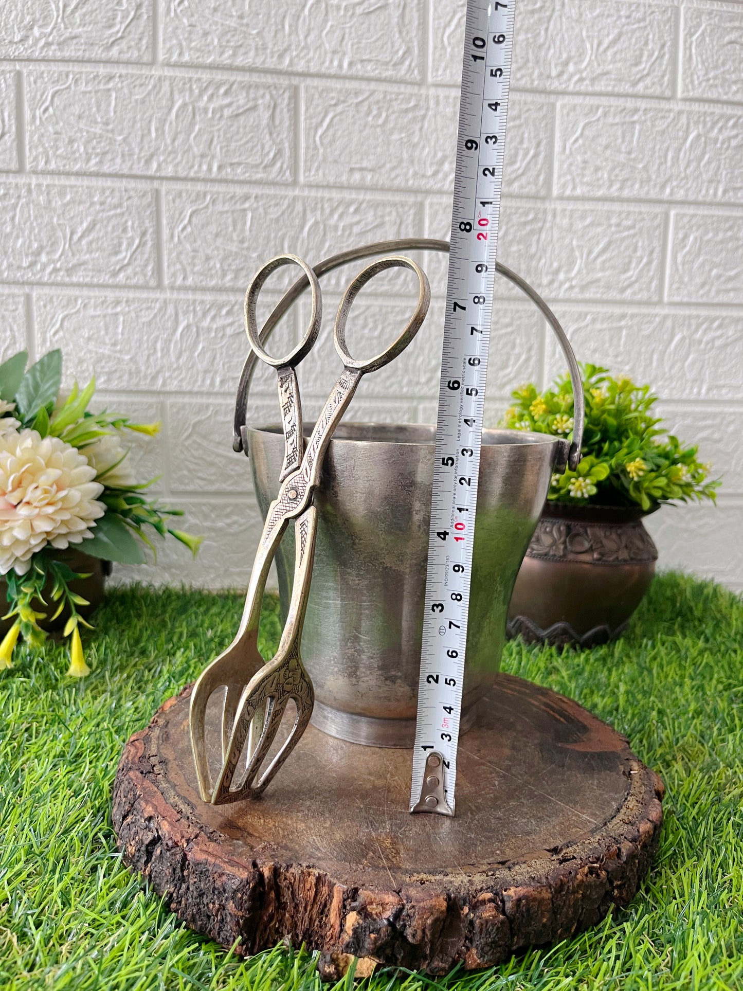 Brass Ice Bucket With Tong - Antique Silver Coated Ice Serving Set