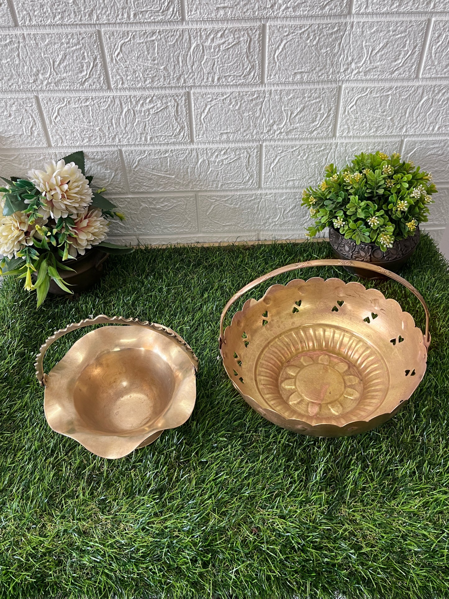 Brass Padi in Pair- Antique Flower Basket