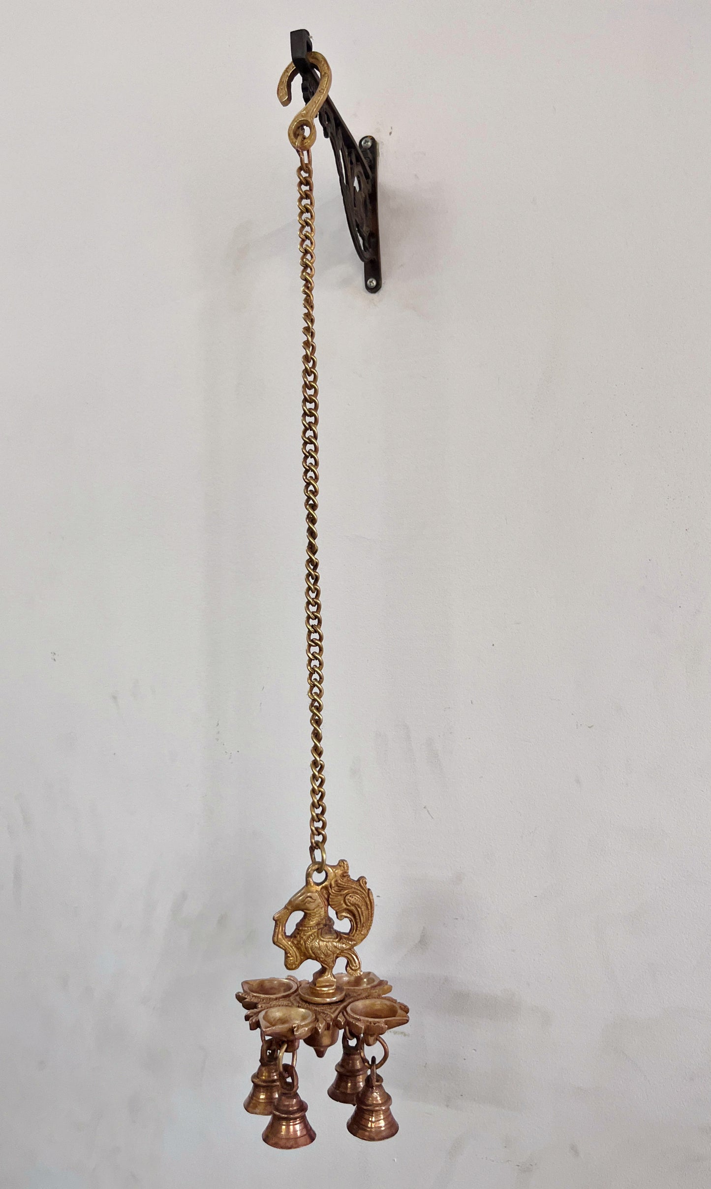 Brass Peacock Hanging Diya With Bells - Antique Oil Lamp