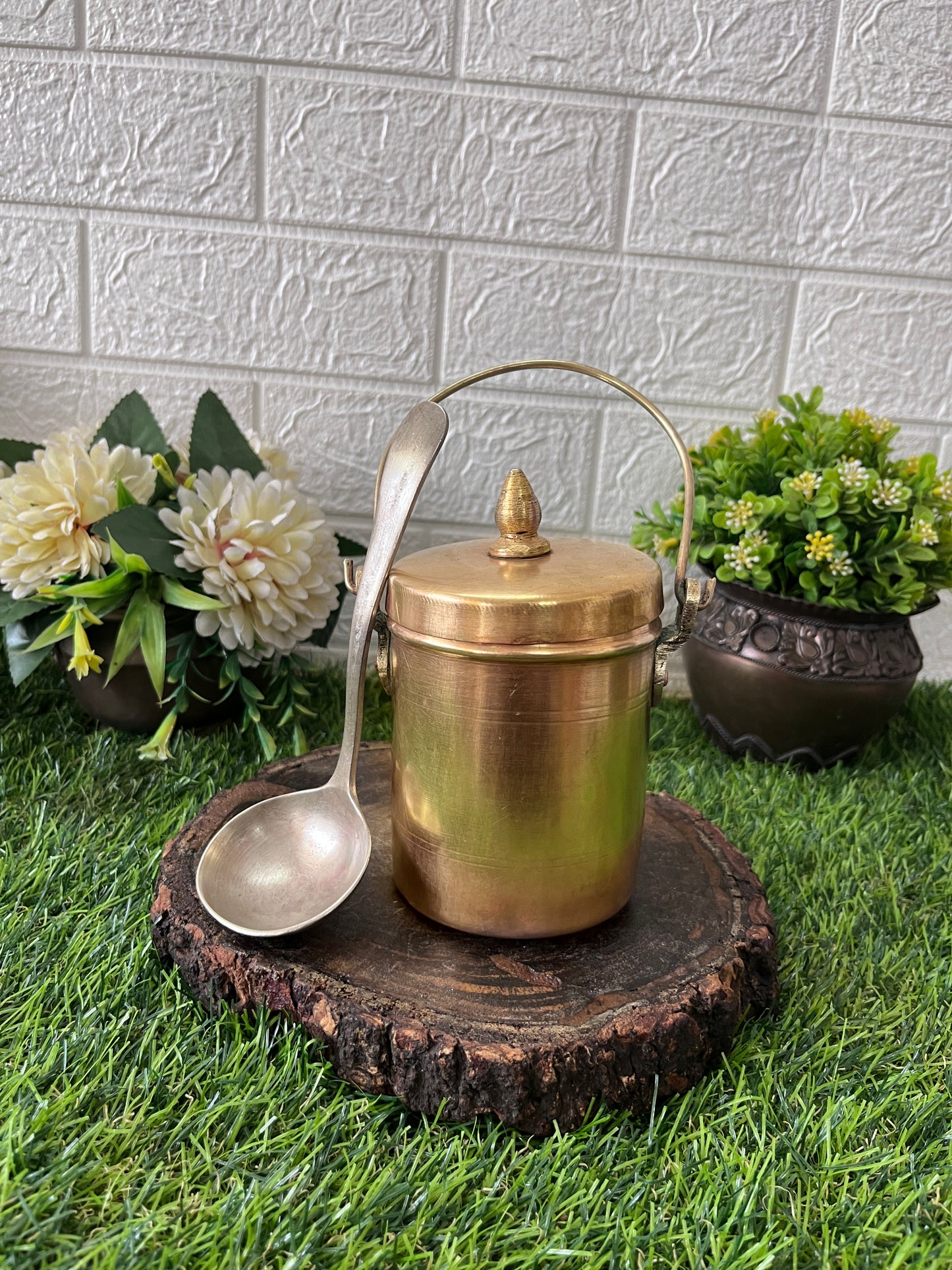 Brass Can With Lid And Spoon - Antique Storage Item