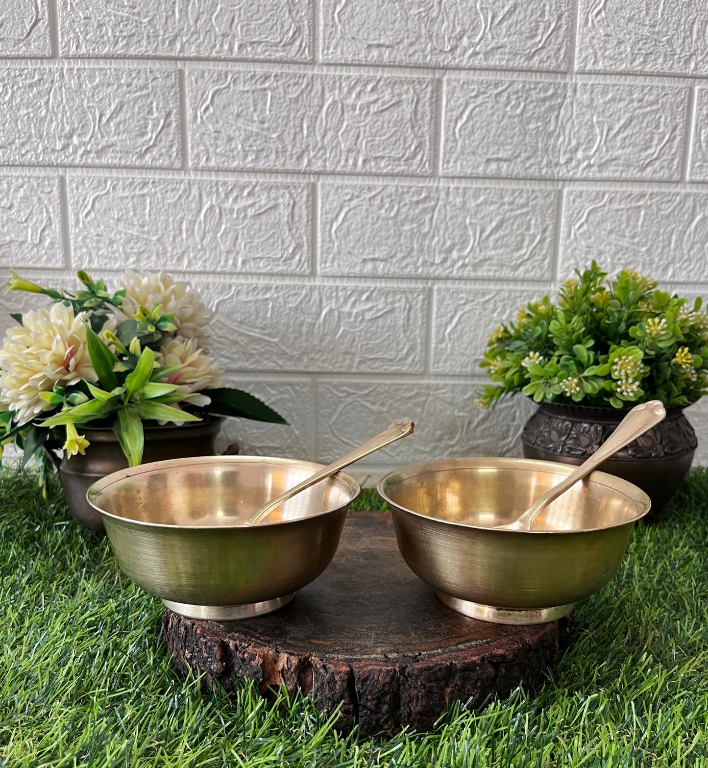 Bronze Serving Bowls With Spoon - Antique Serving Items In Pair