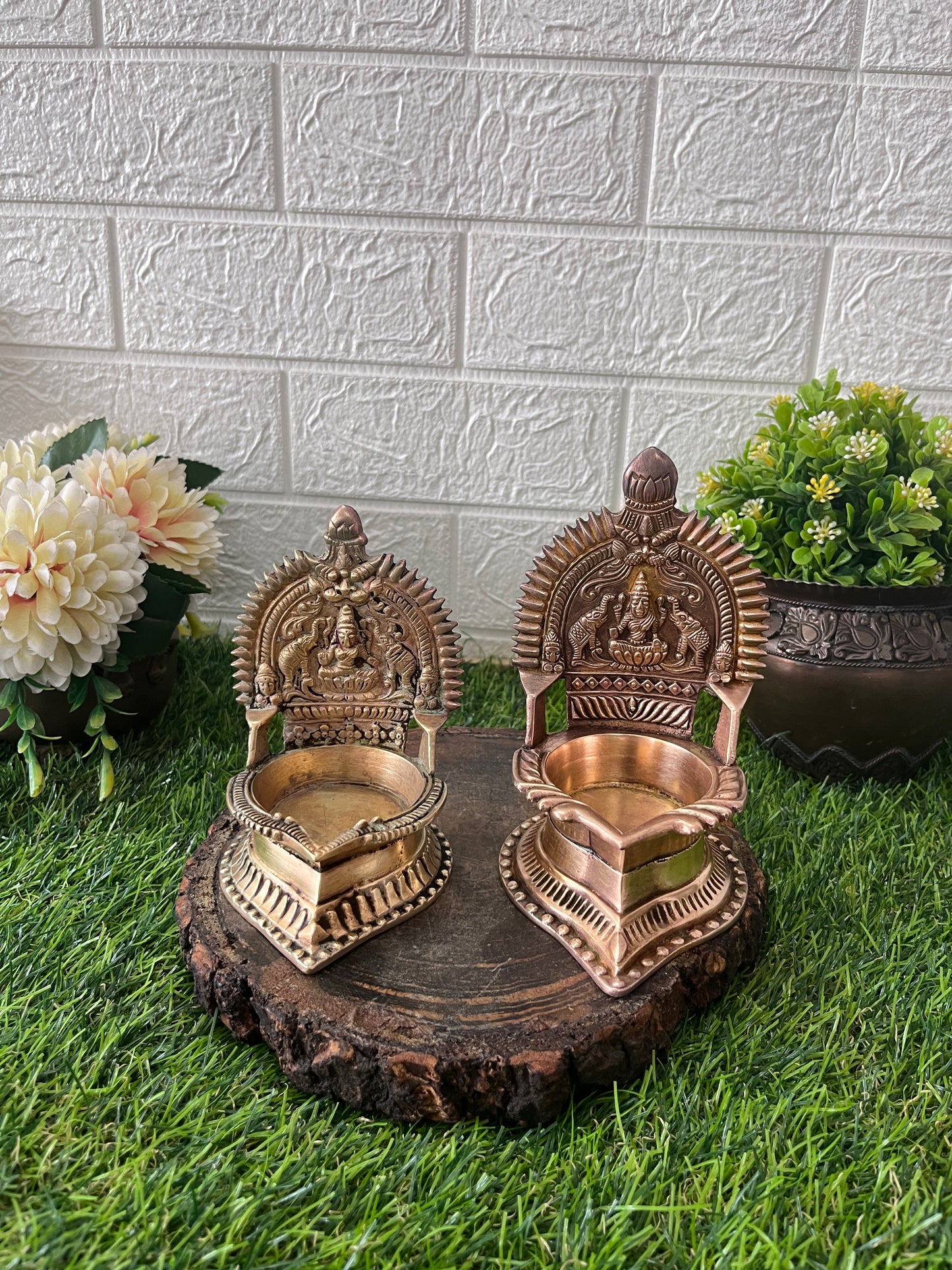 Brass Diya In Pair - Antique Engraved Oil Lamp