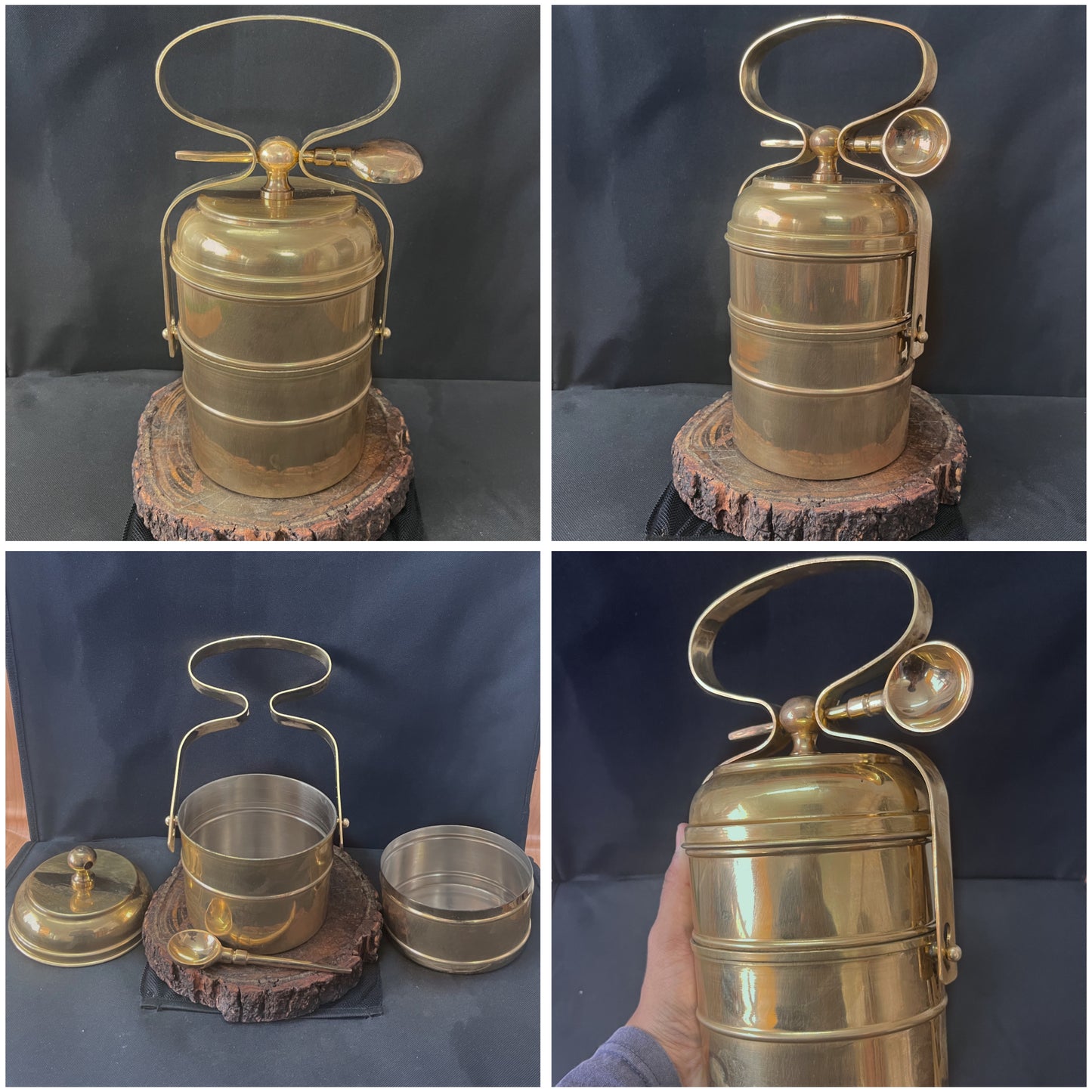 Brass Vintage Tiffin Box With Spoon - Bombay Antiques Approved