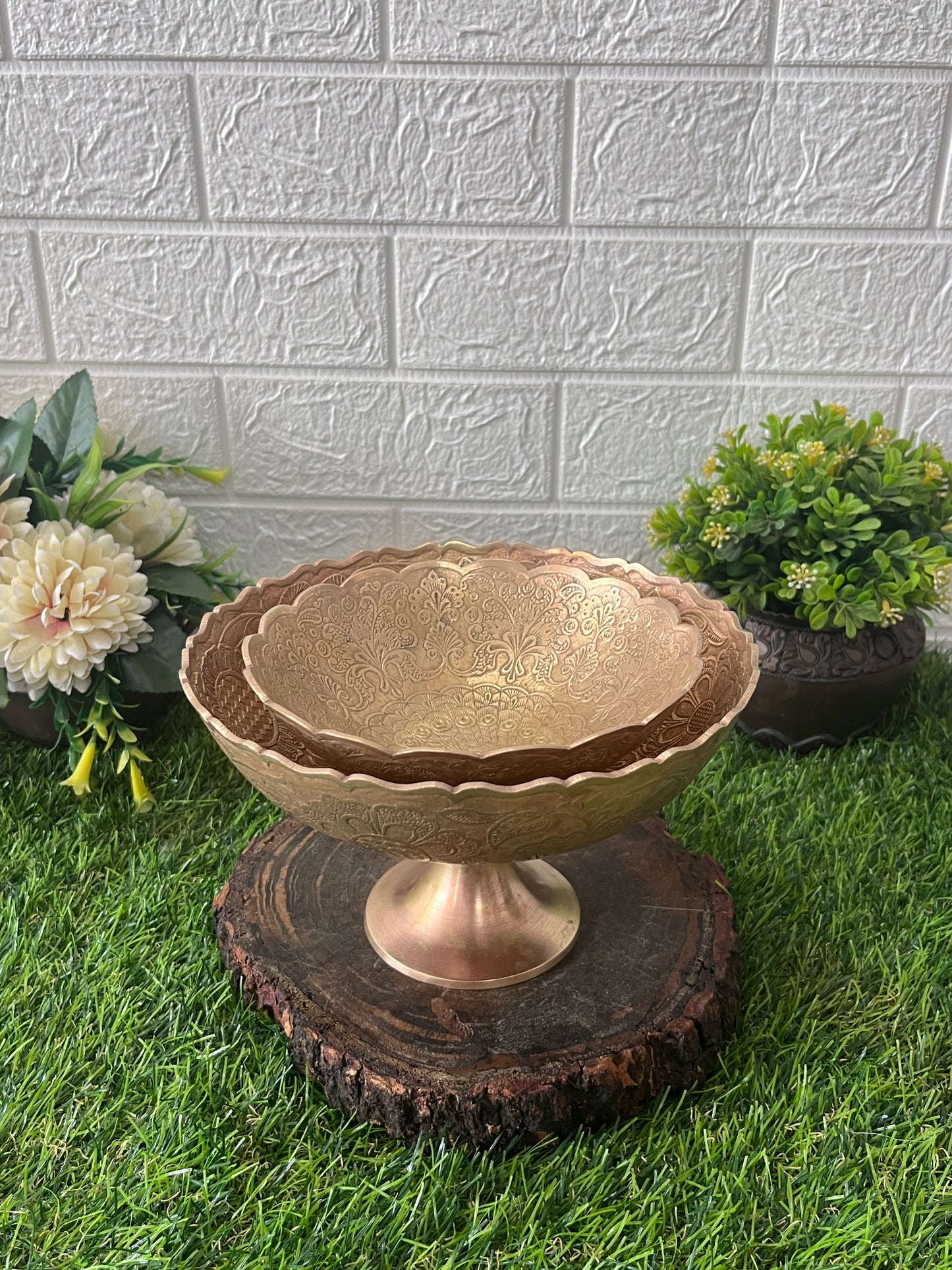 Brass Fruit Bowl - Antique Engraved Serving Item In Pair