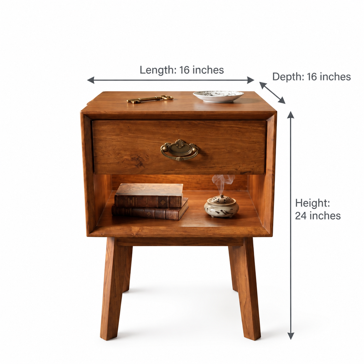 Sagwan Teak Wood Single Drawer Nightstand with Open Cubby | Solid Teak Bedside Table with Antique Brass Bail Pull and Splayed Legs | Inspired by Mid-Century Modern Design Movement