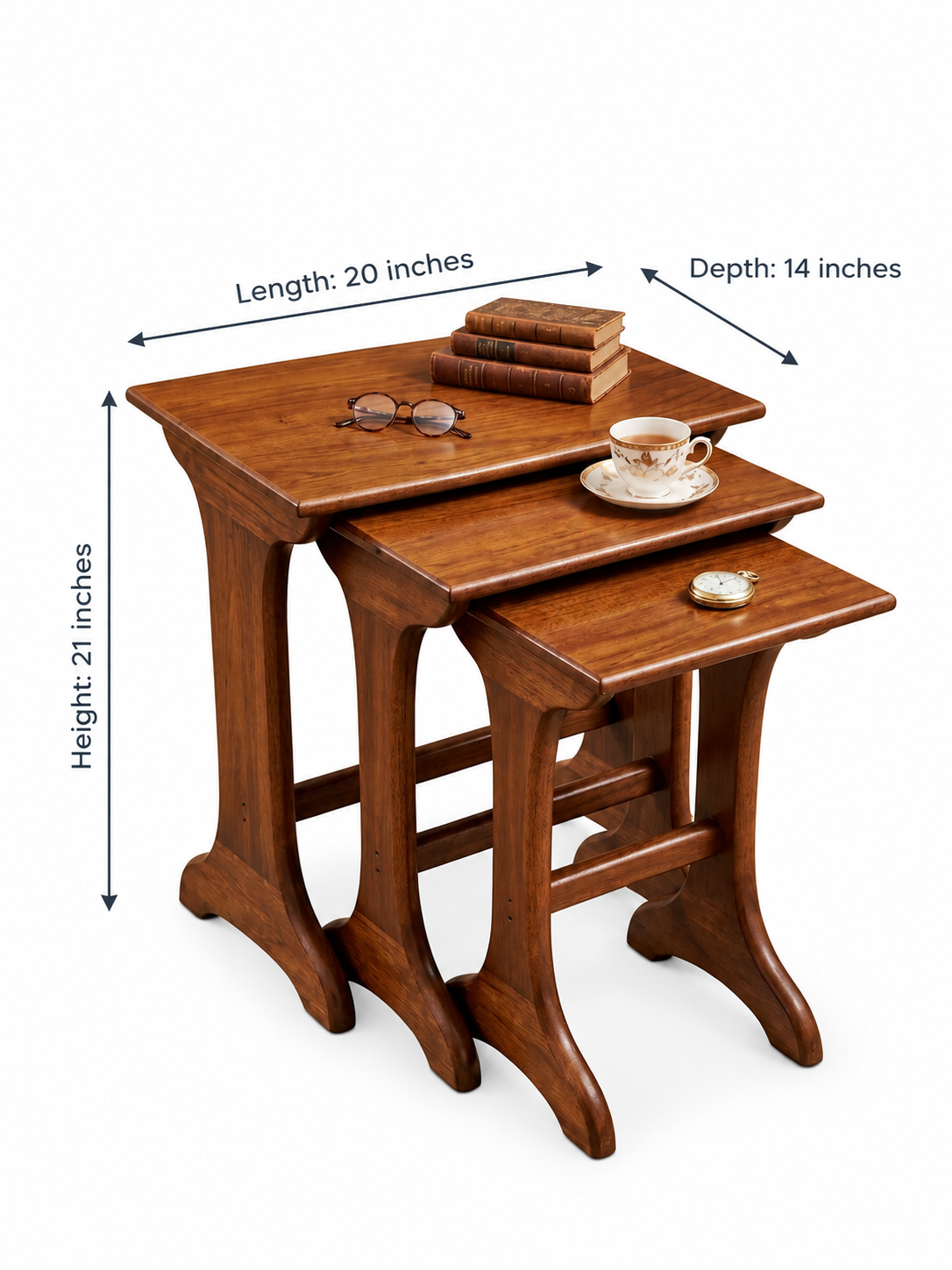 Sagwan Teak Wood Nesting Side Tables Set of 3 | Solid Teak Stackable End Tables with Curved Tapered Legs | Inspired by Early 20th Century Edwardian Design Movement