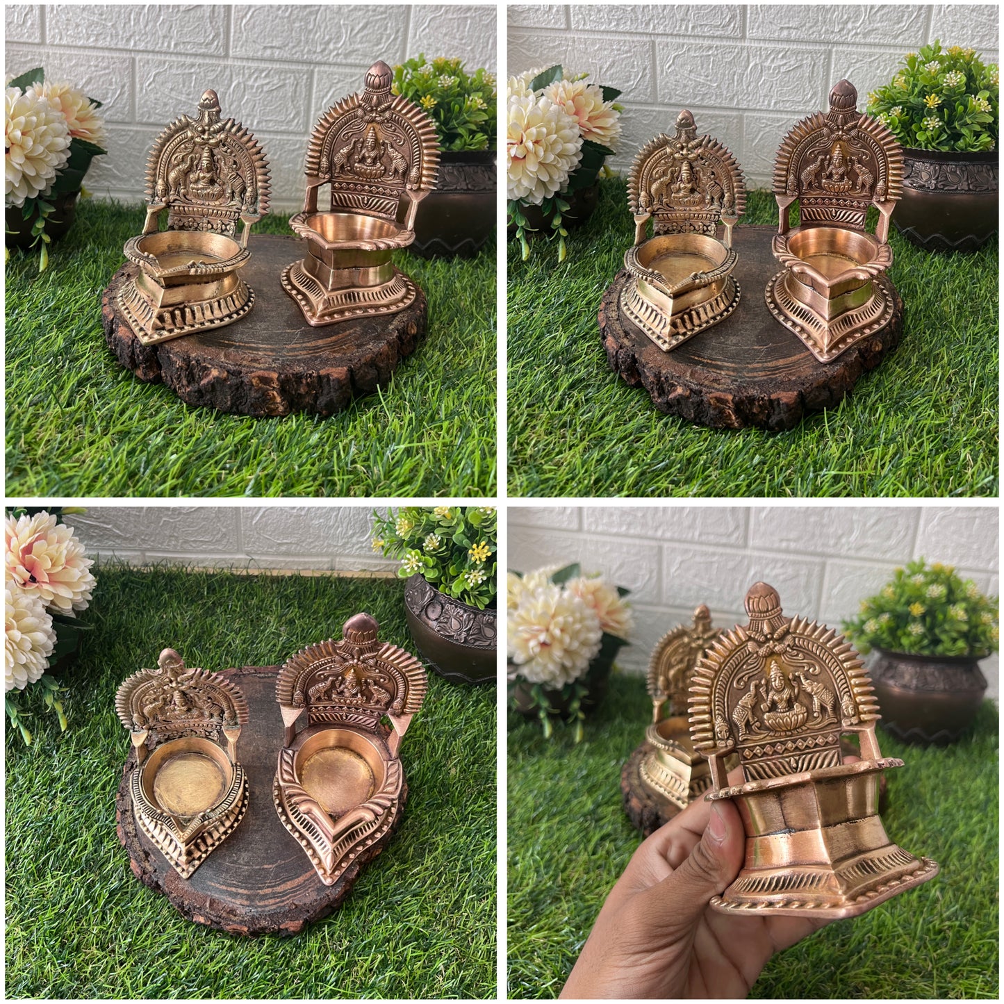 Brass Diya In Pair - Antique Engraved Oil Lamp