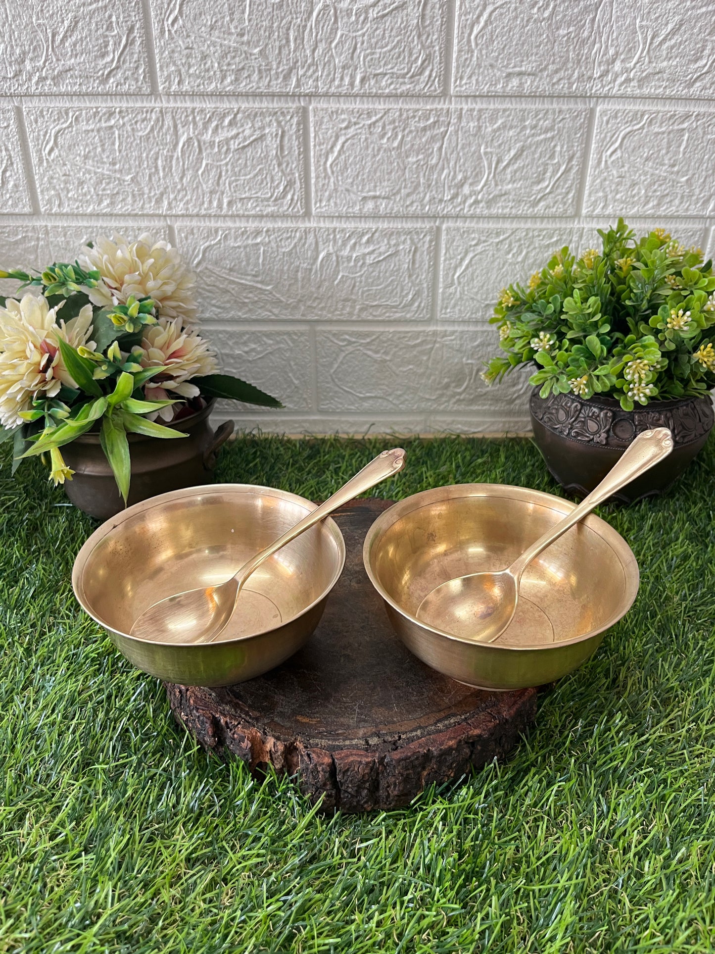 Bronze Serving Bowls With Spoon - Antique Serving Items In Pair