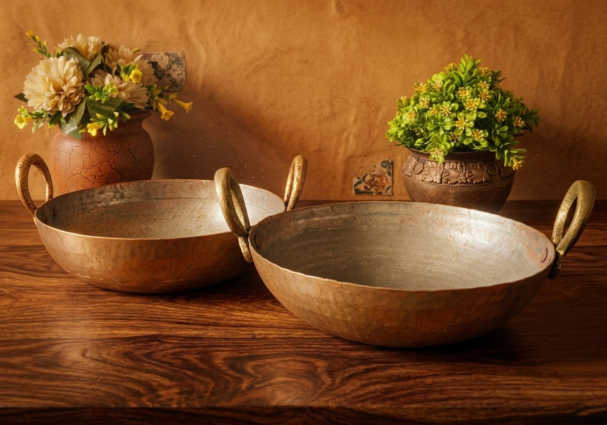 Antique Brass Cooking Kadai in Pair | Pital Cooking Items | Kitchen Utensils
