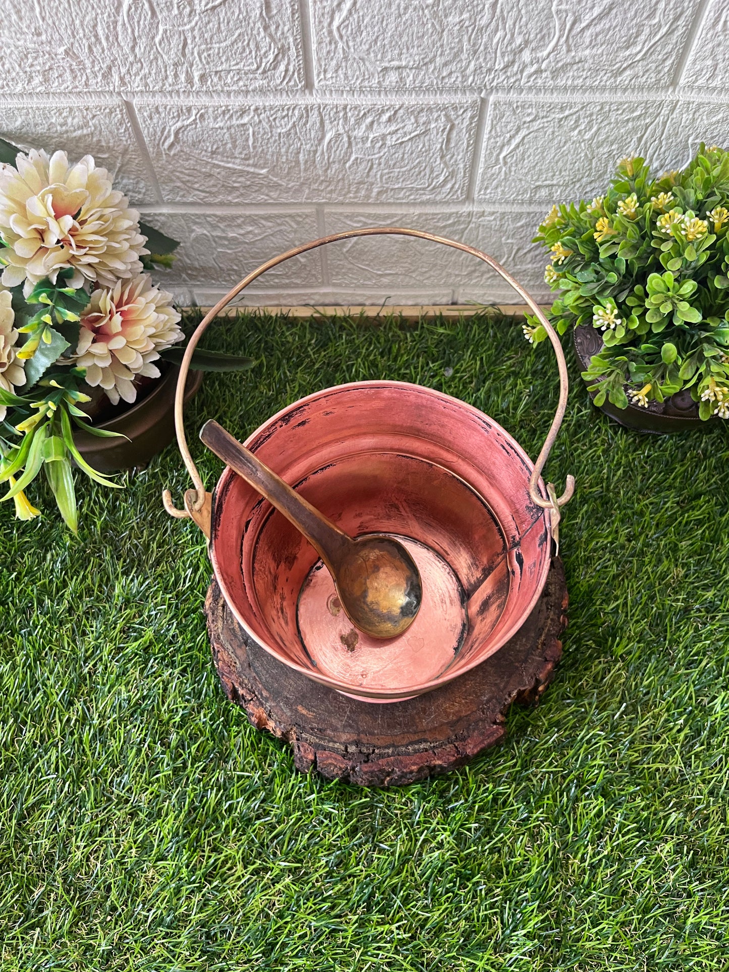 Cooper Bucket With Brass Spoon - Antique Serving Item