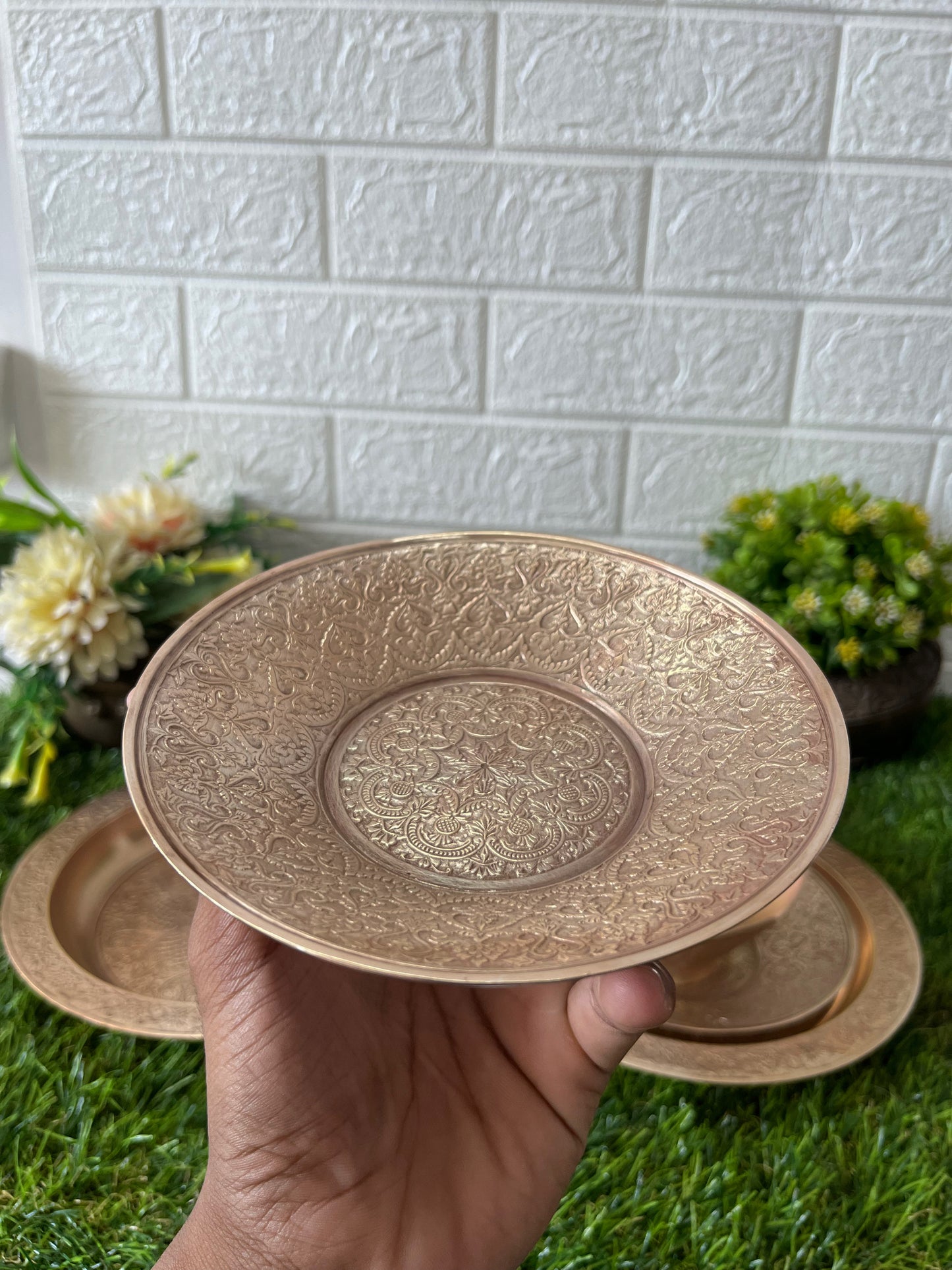 Antique Brass Engraved Plate And Bowls Set