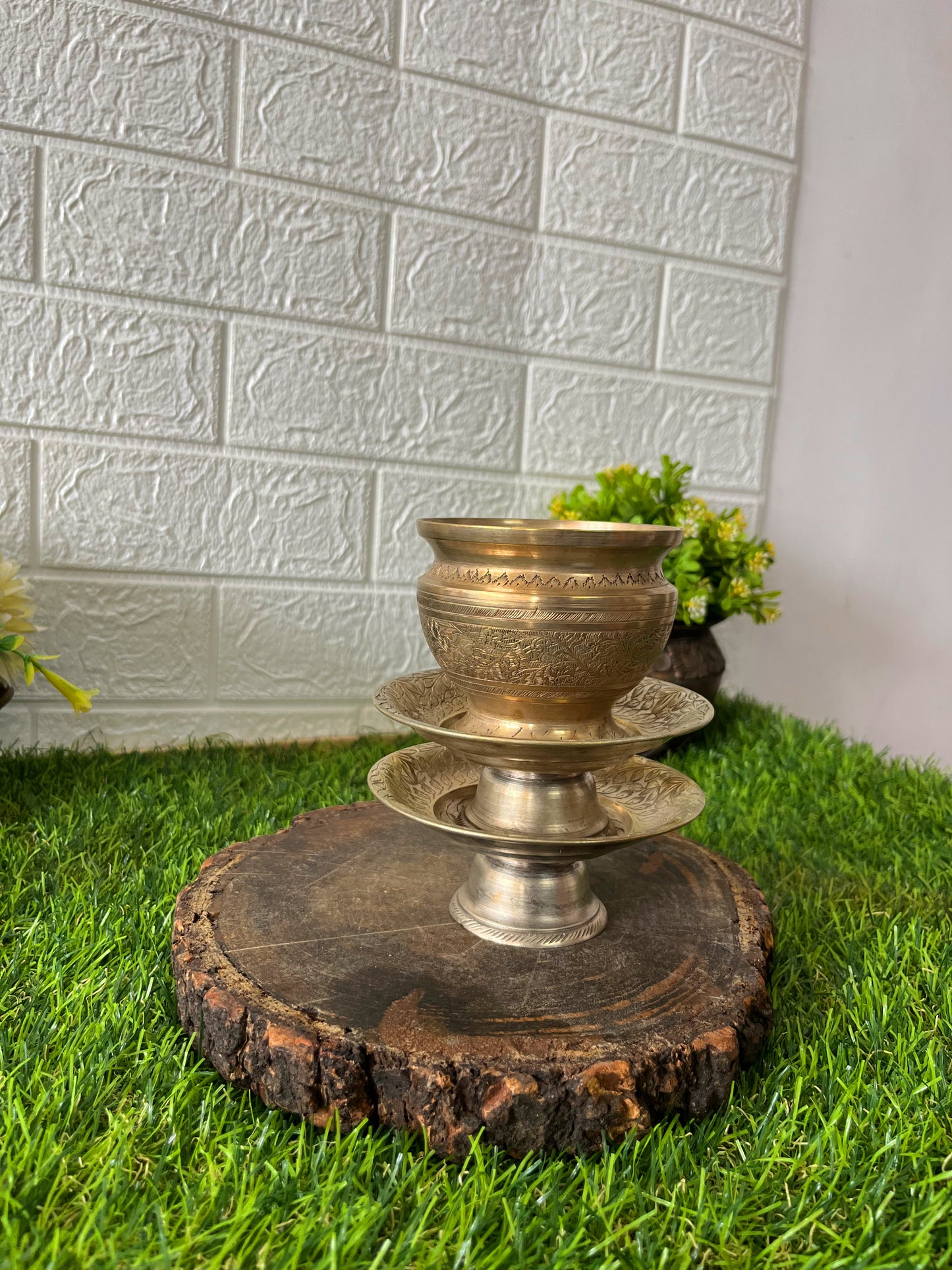 Brass Engraved Kalash with Engraved Stand for Decor - Antique lota